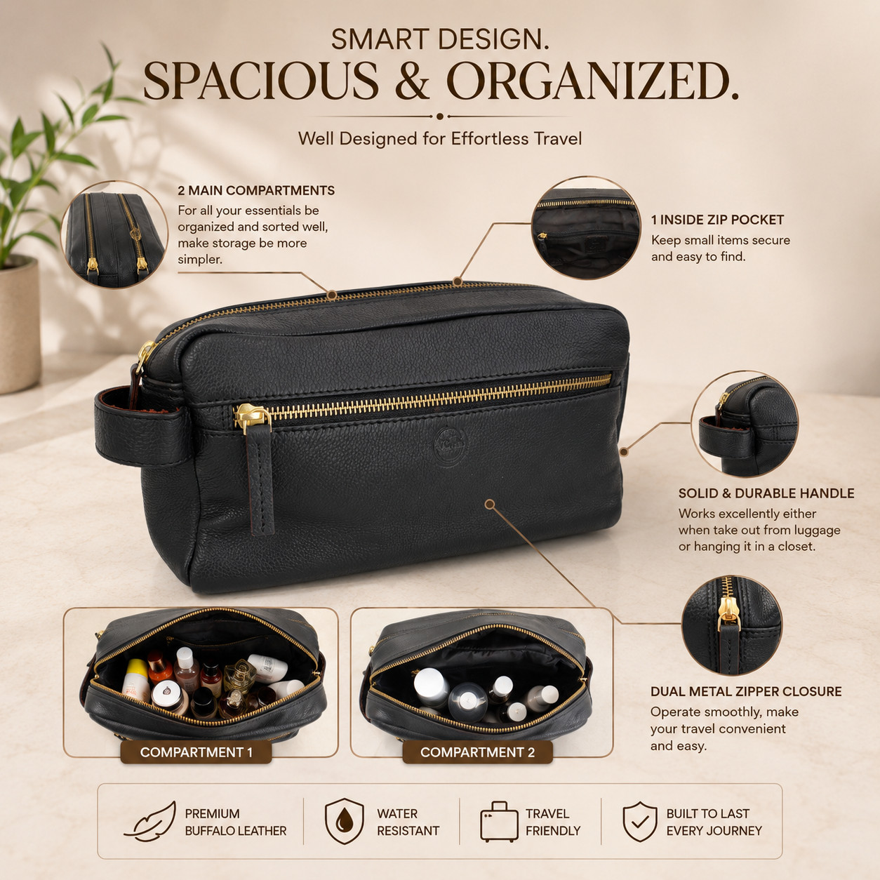 Leather Large Toiletry Bag Dopp Kit Travel Makeup Organizer Shaving Bag Gift