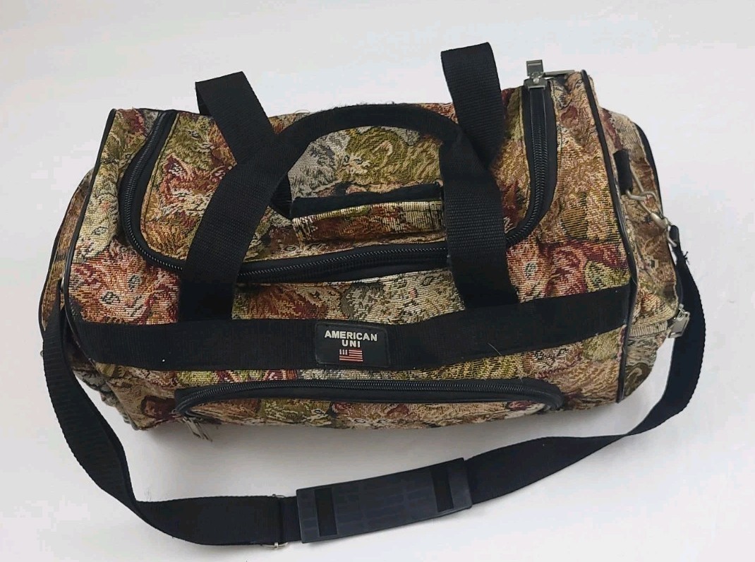 Vintage Cat Kitten Pattern Tapestry Duffle Bag Vtg Multicolor Travel Pet Cute