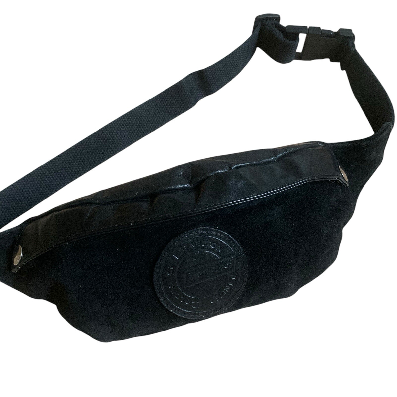 Vtg United Colors Of Benetton Anthology Black Leather Suede Fanny Pack Zip Adj