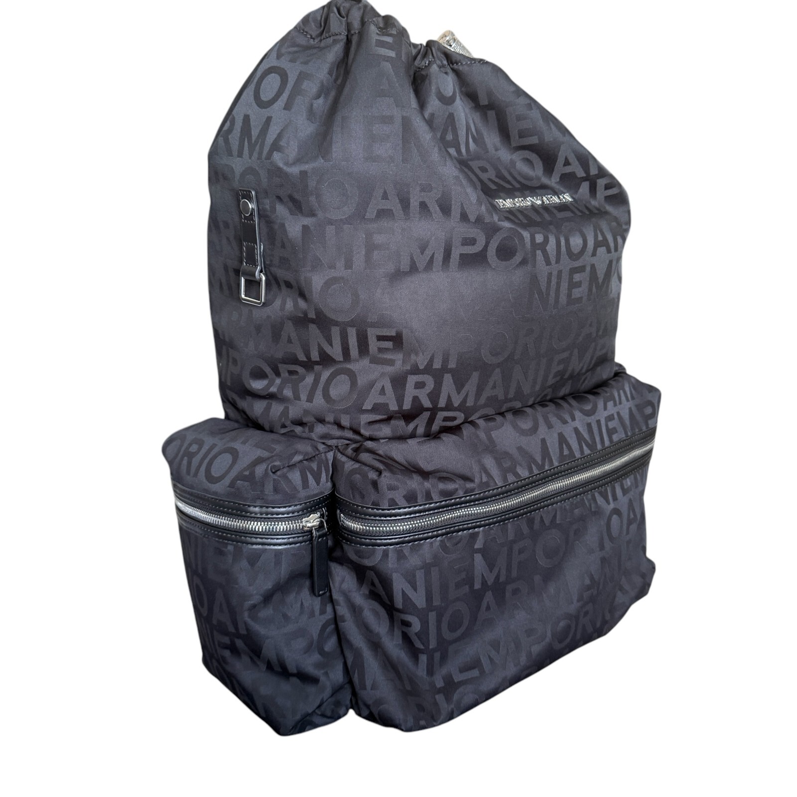 New Emporio Armani Black Nylon oversized Drawstring Logo Backpack