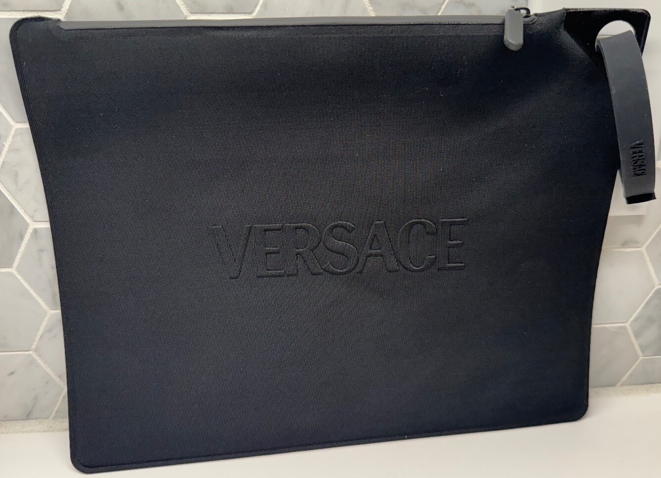 NEW Versace Black Neoprene Zip Pouch Wristlet Purse Travel Bag 11×9 Waterproof