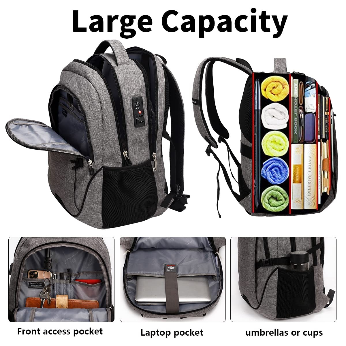 Anti Theft Laptop Backpack with Combination Lock Fits 17″ Travel School Bag Grey