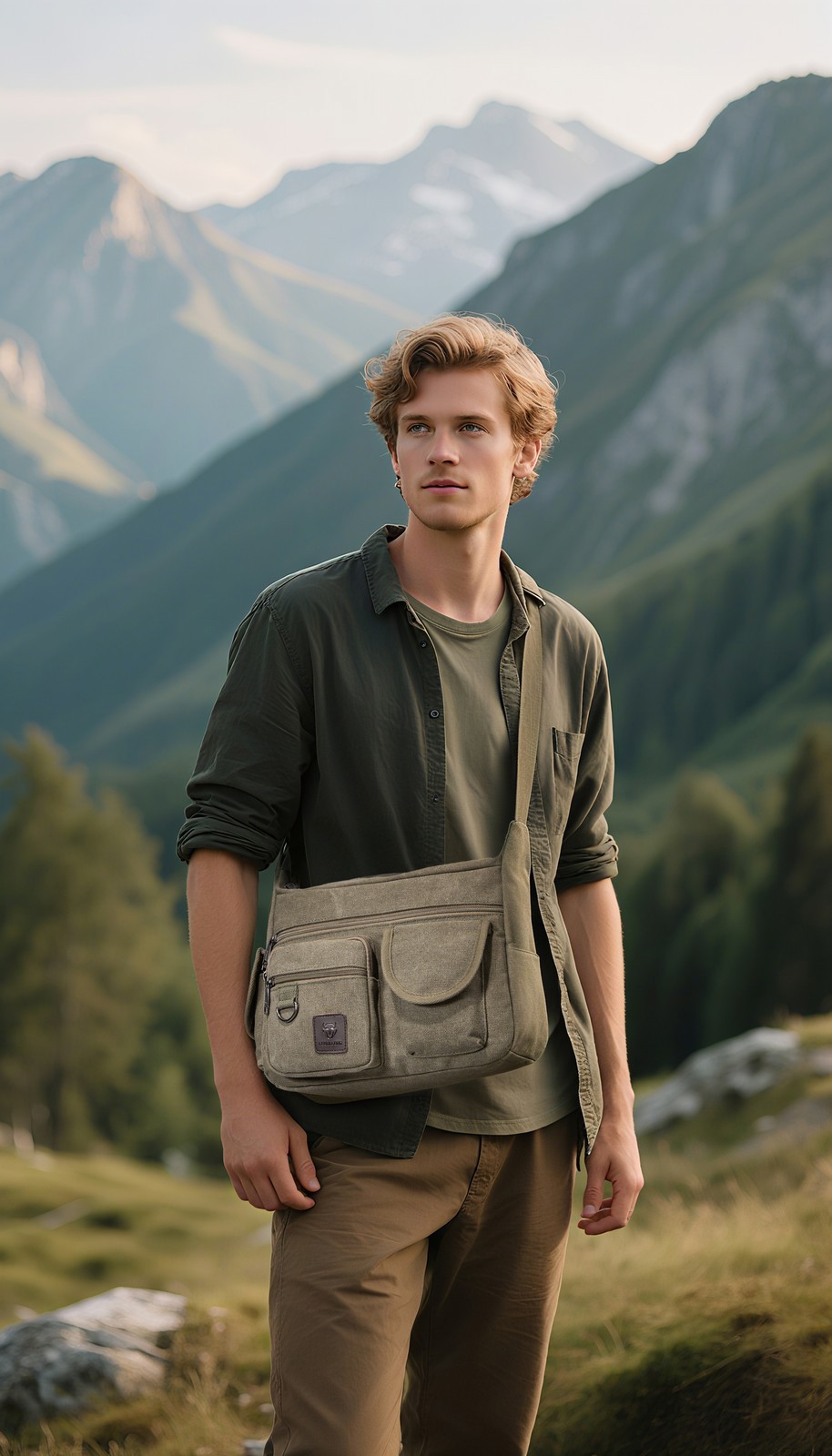 Men Vintage Canvas Crossbody Bag Multi Pocket Messenger Shoulder Bag Work Travel