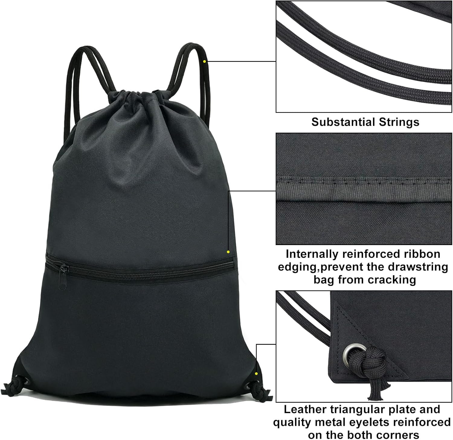 Drawstring Backpack Gym Sports Bag With Zipper Pocket Polyester Sack Ablack New