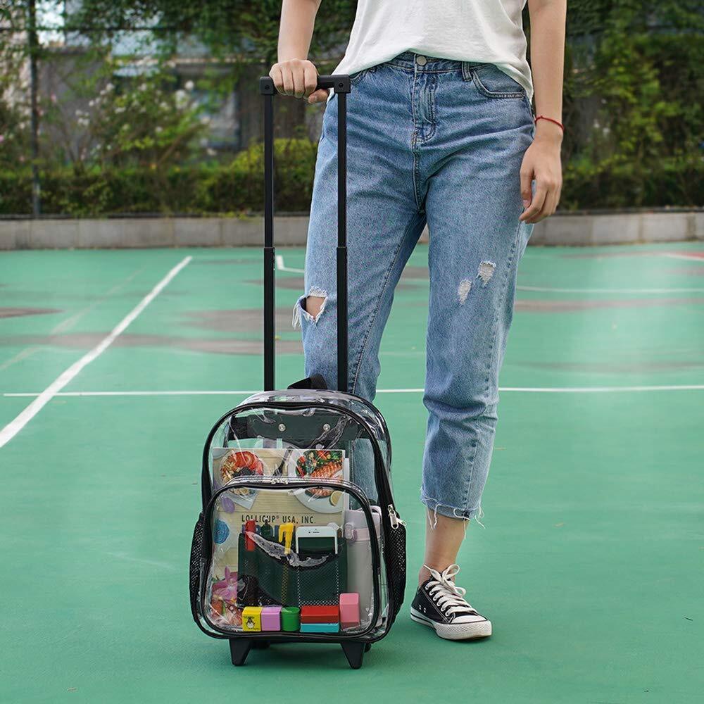 Rolling Clear Backpack, Heavy Duty See Through Bookbag, Transparent with Wheels