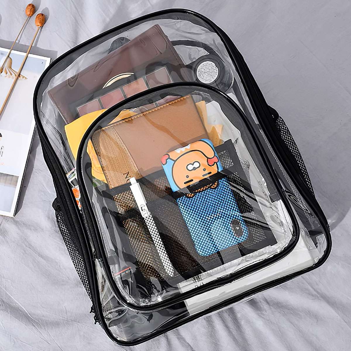 Extra Heavy Duty Clear Backpack Transparent Bookbag Back to School (Black, Grey)