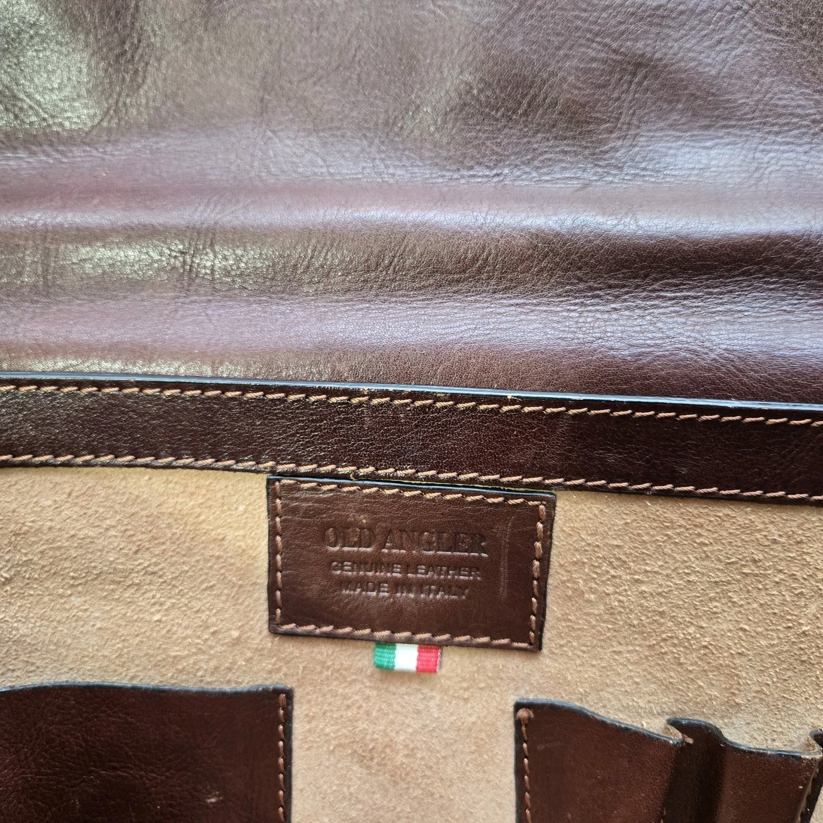 OLD ANGLER-Italian Leather Briefcase Messenger Bag Removable Strap Made Italy