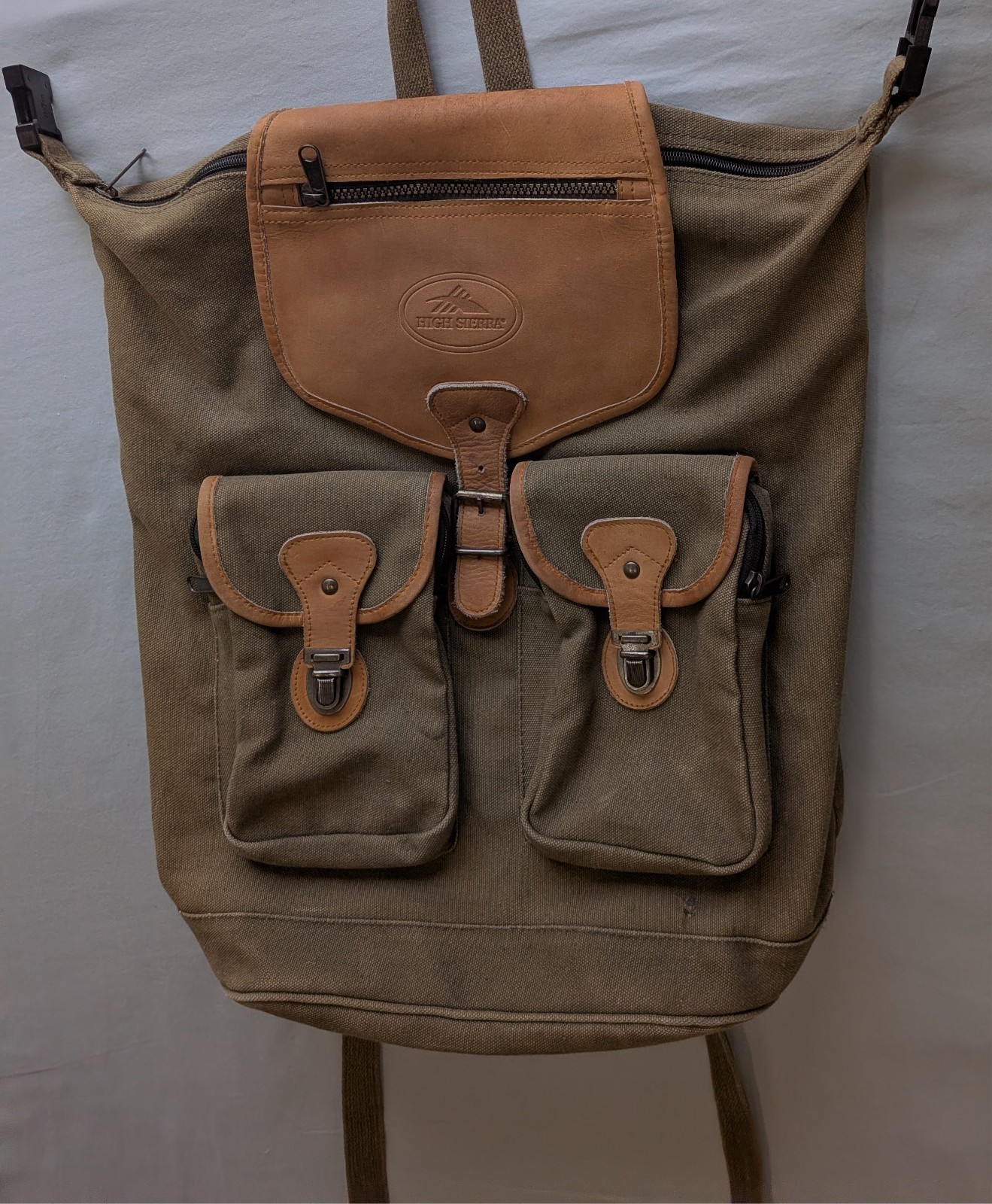 Vintage High Sierra Canvas Leather Backpack Rucksack Hiking Daypack