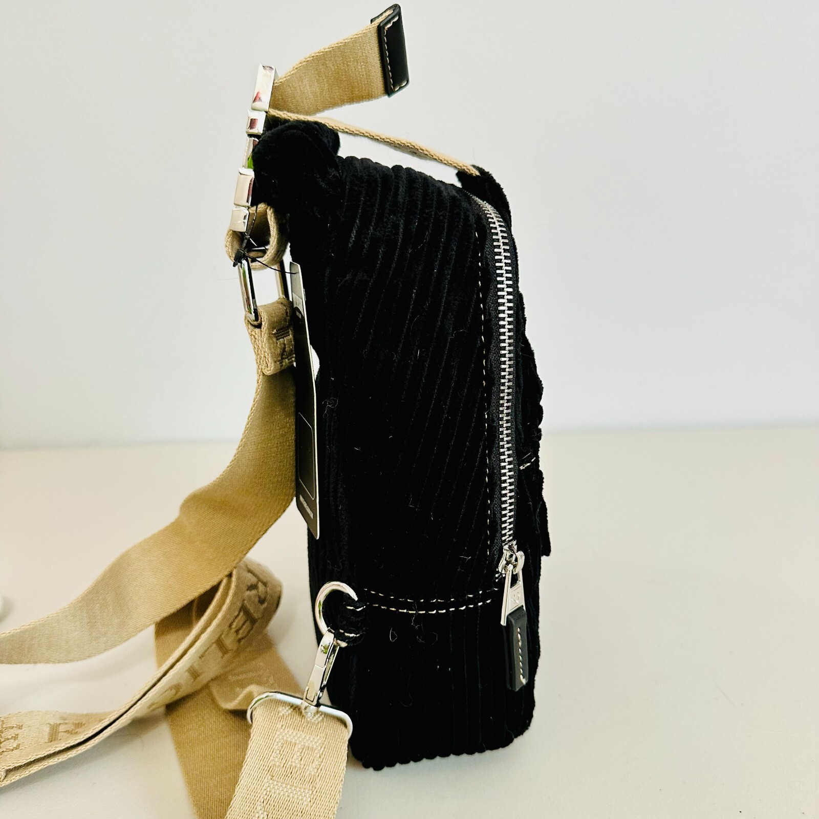 TRUE RELIGION CORDUROY SOFT SLING BACKPACK BAG BLACK WITH CONTRAST TRIM UNISEX