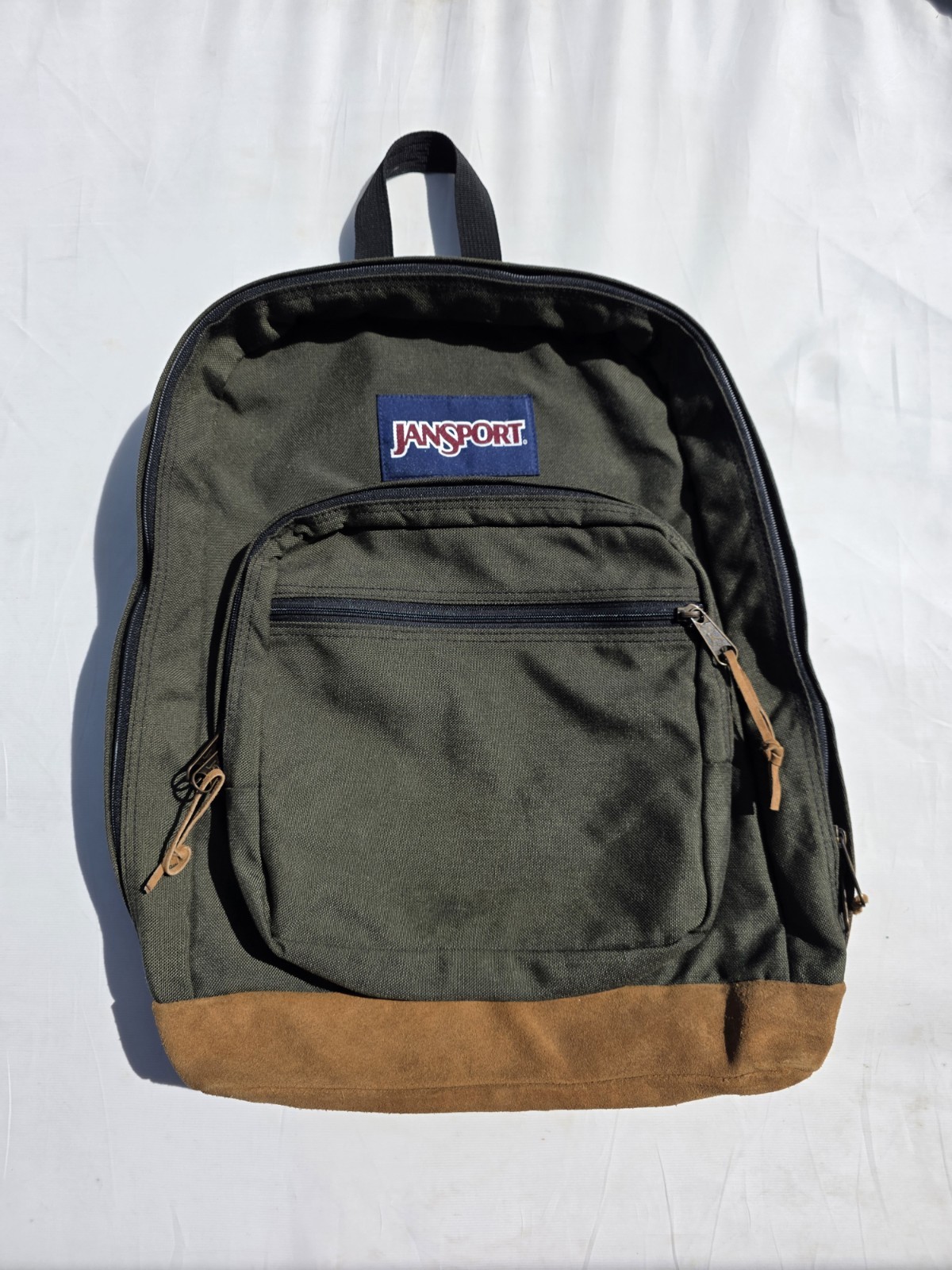 Jansport Suede Leather Bottom Backpack Green Classic School Hiking