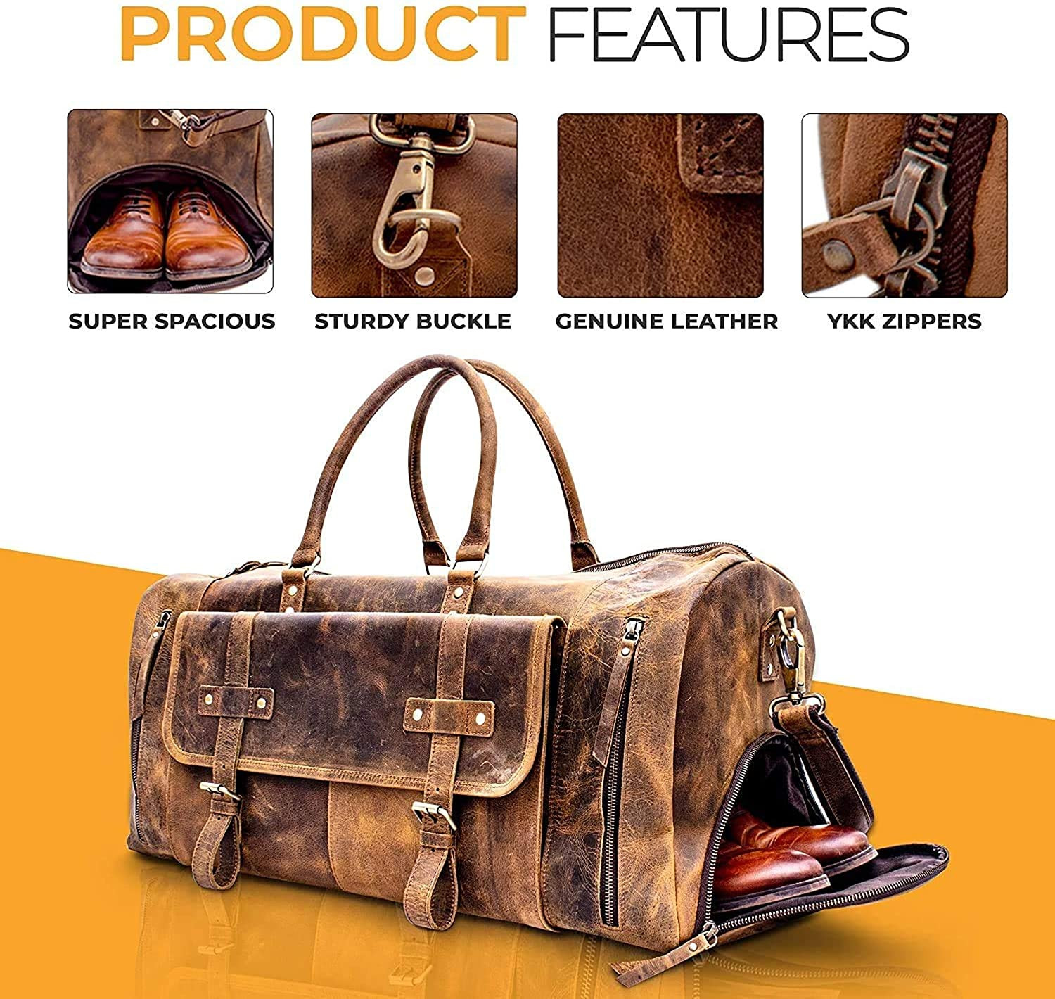 Komalc Leather Travel Duffel Bags for Men and Women Full Grain Leather Overnight