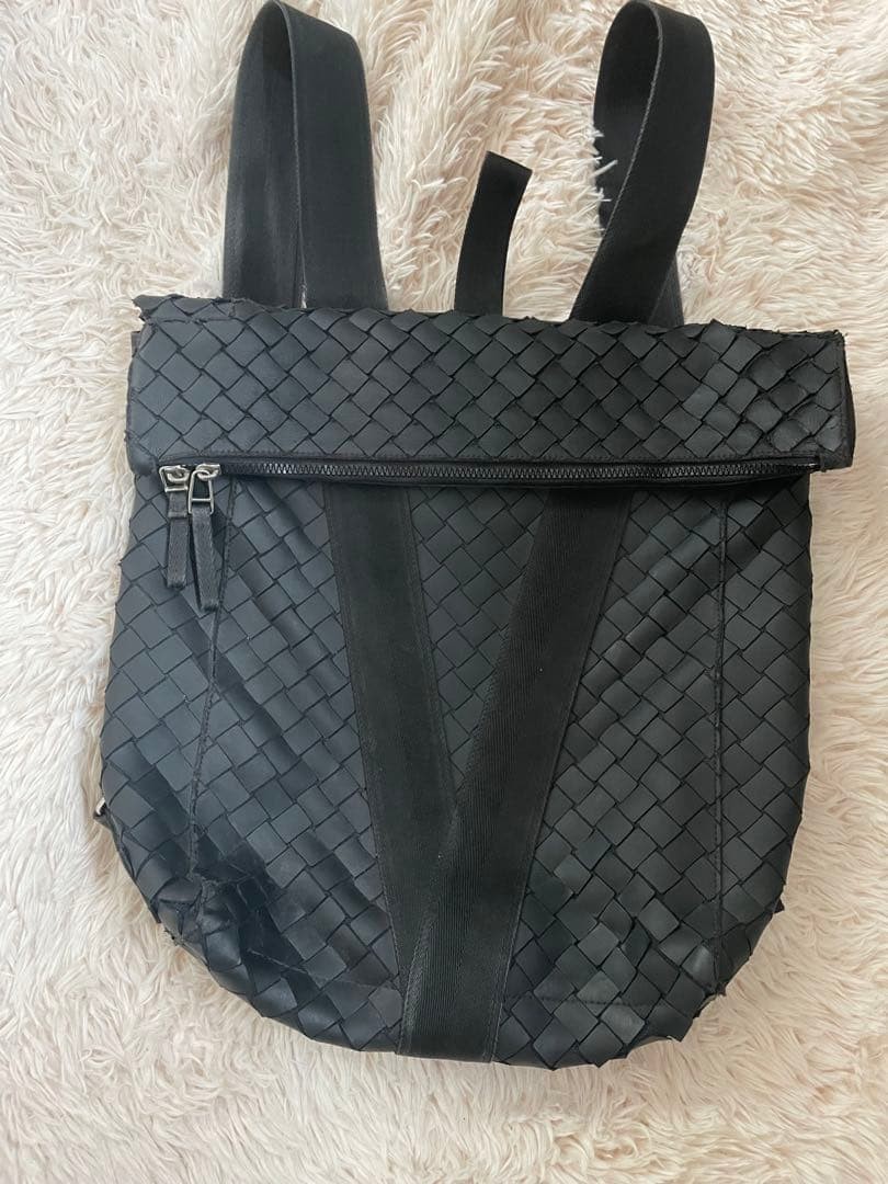 Bottega Veneta Rucksack Backpack Bag Intrecciato Black Leather Used Authentic