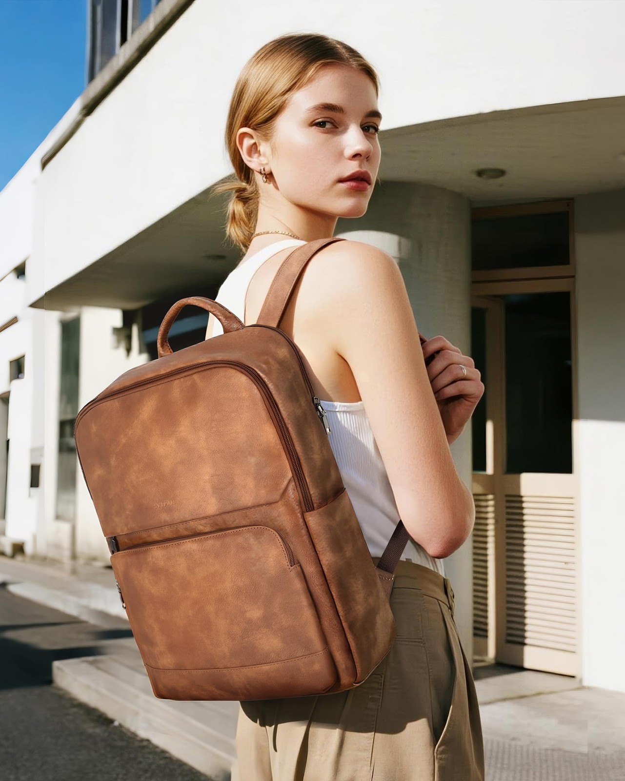 Leather Backpack for Women, 15.6 inch Laptop Purse Daypack Brown