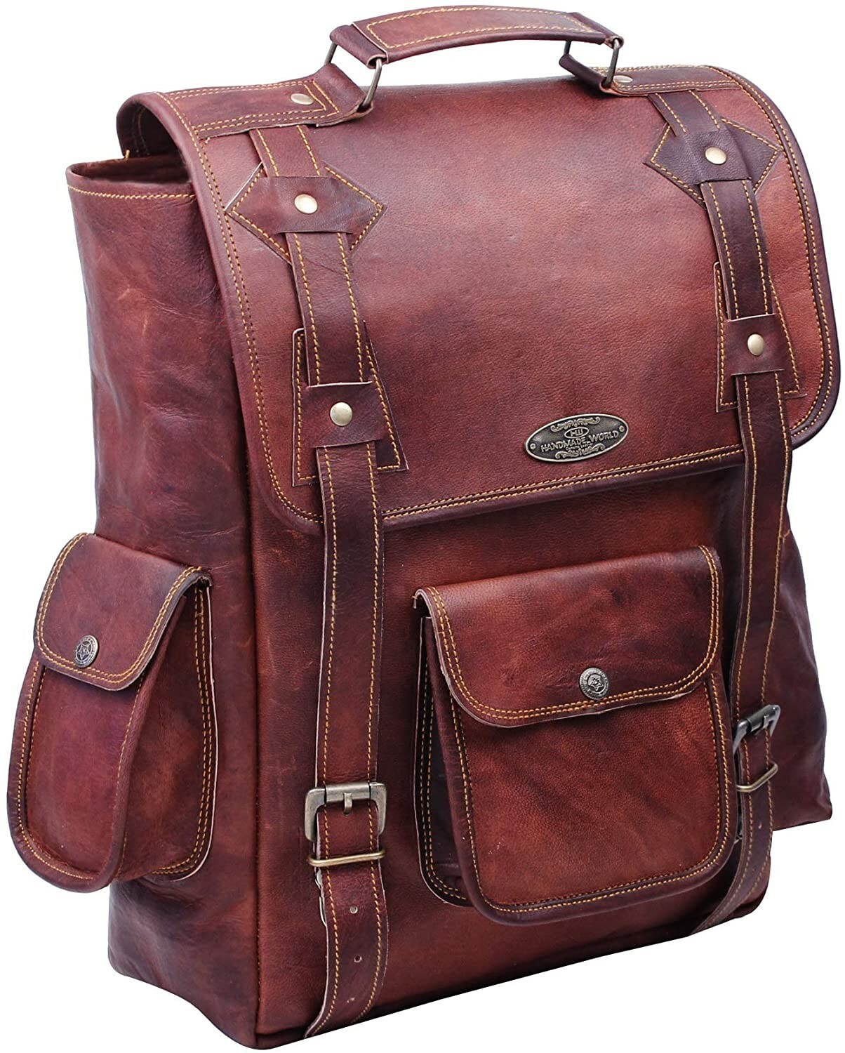 New Brown 16 Inch Leather Backpack For Men Vintage Easy Open Push Lock Backpack
