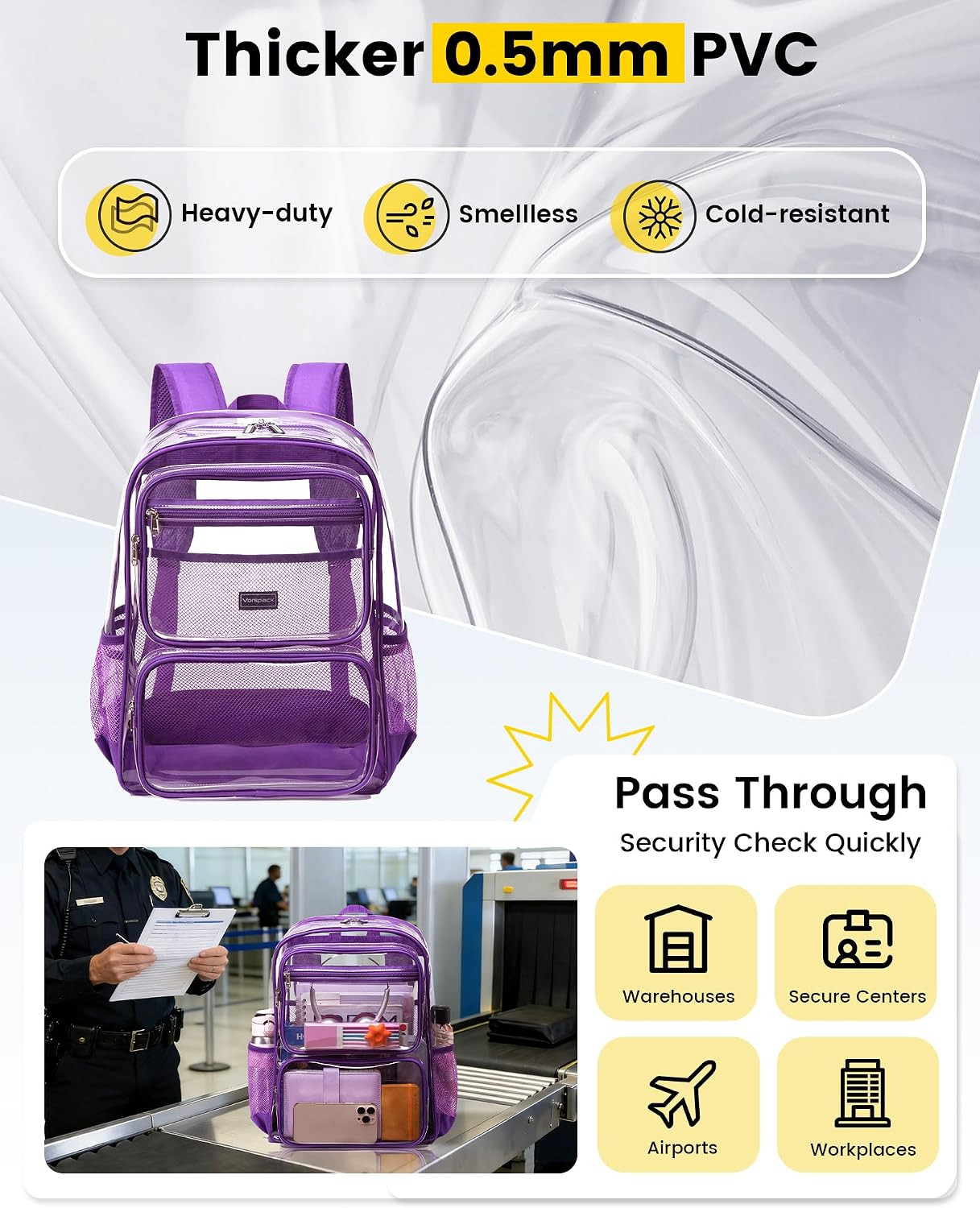 Clear Backpack with TSA Lock, Large Clear Bookbag, Purple | Heavy Duty See throu