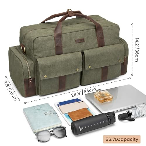 Unisex 56L Duffle Bag Canvas Travel Bag Carry on Leather Trim Army Green