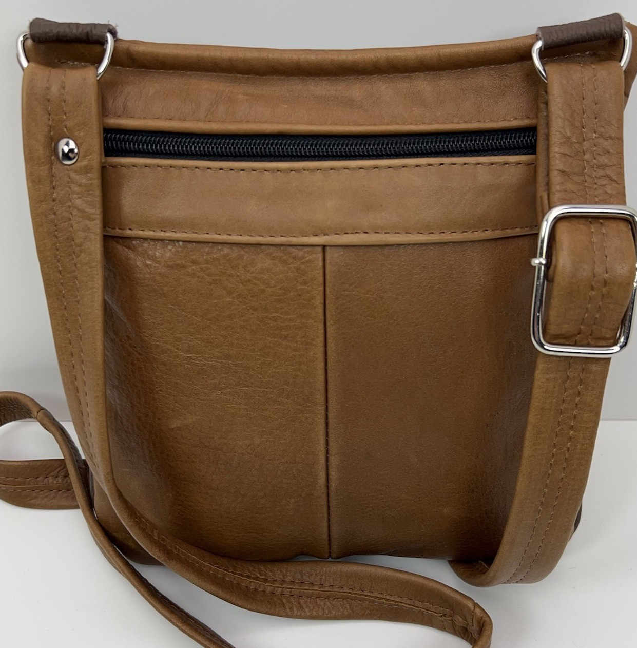 LEATHER Crossbody Bag Adjustable Multi Zip Pockets Silver Studded Buckle Travel