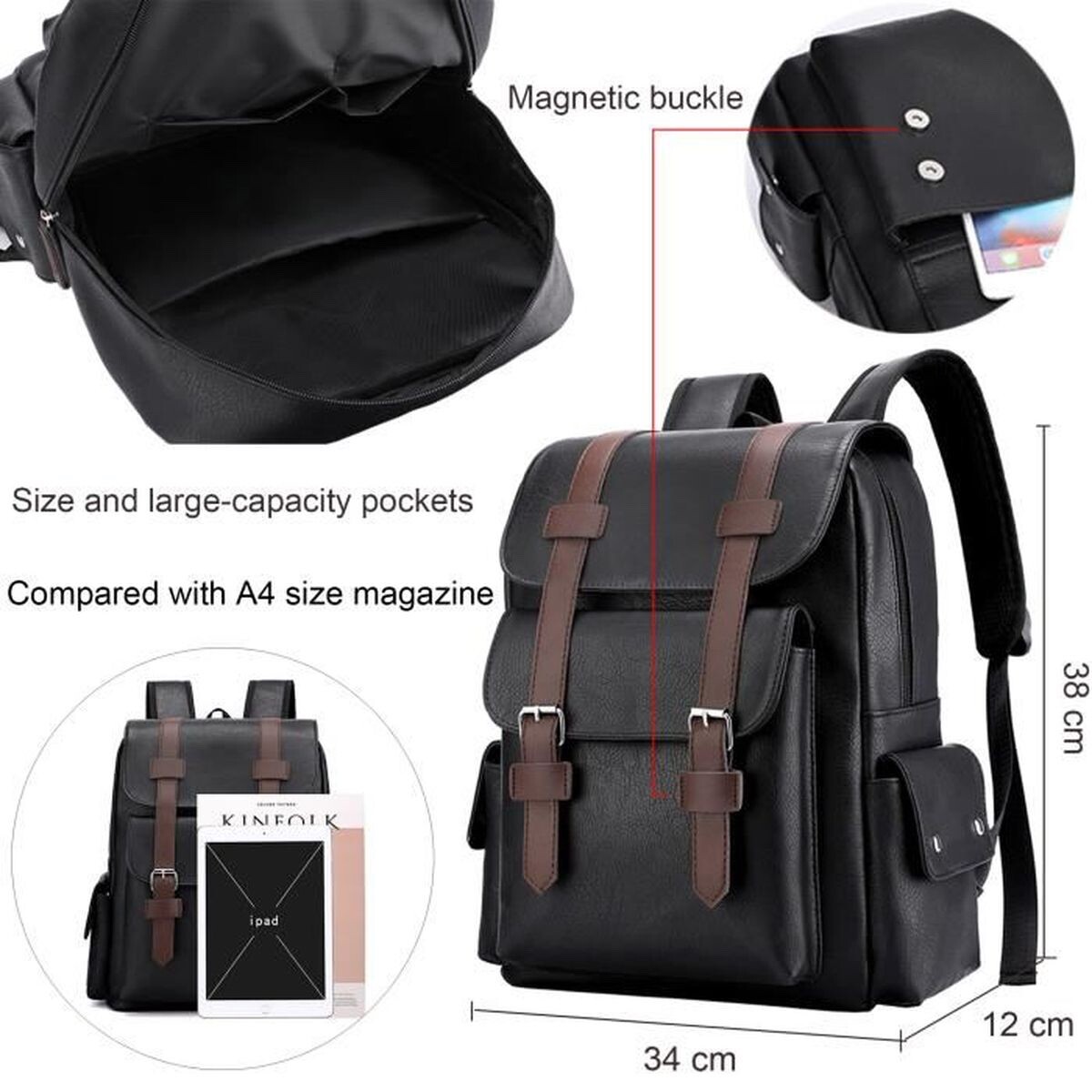 Waterproof PU Leather Backpack 14 Inches Large Capacity Work Travel Black