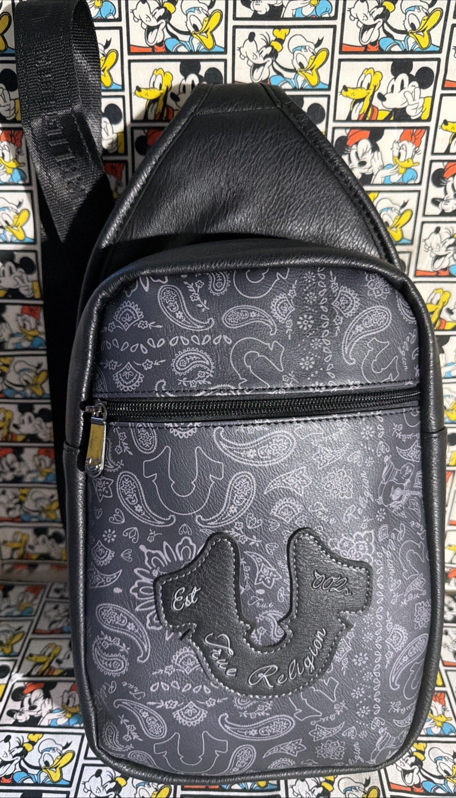 True Religion Earp Bag Grey Black Monogram Logo Crossbody NWT
