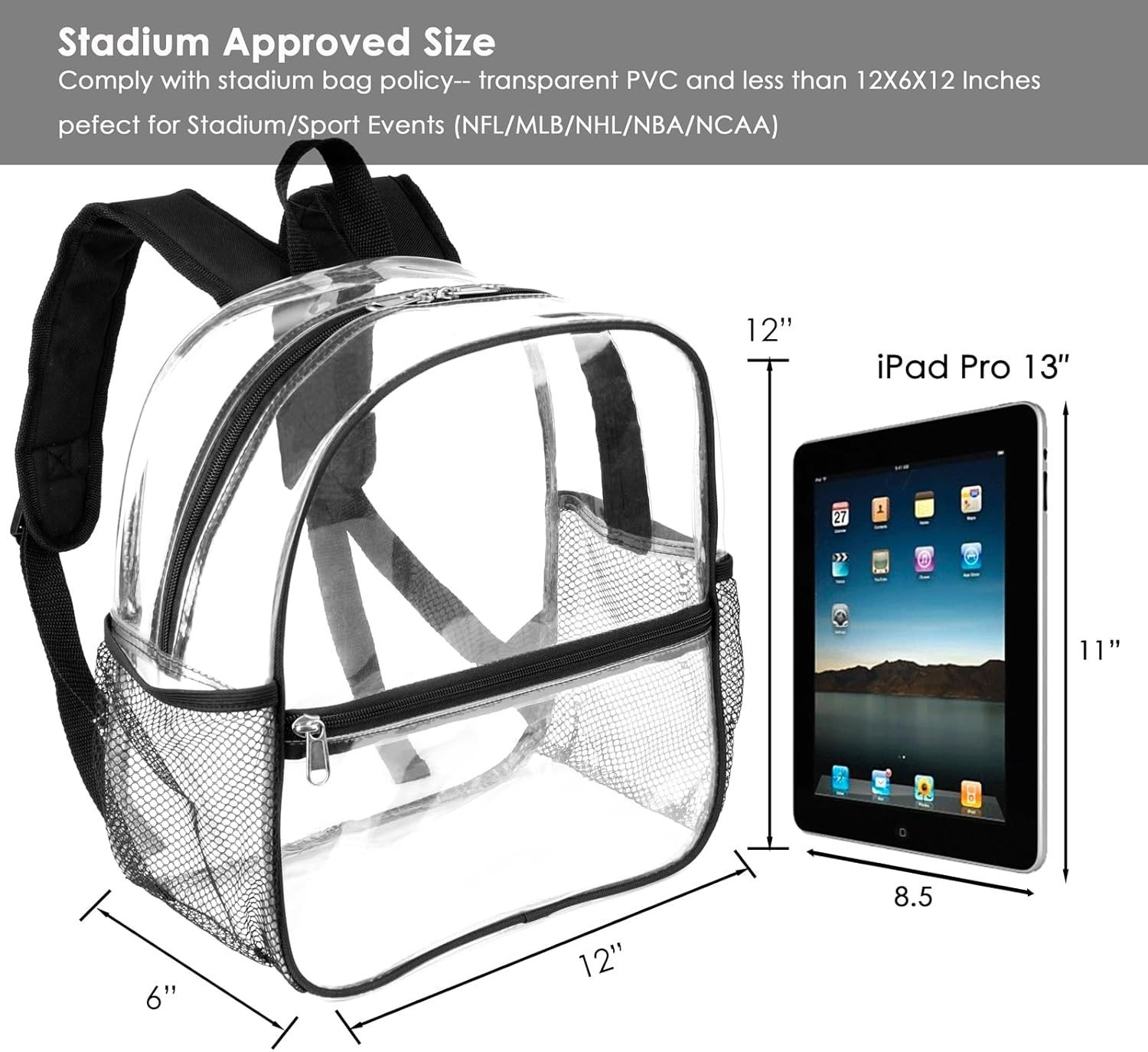 Clear Backpack Stadium Approved 12X6X12 Clear Bag with Reinforced Straps for Sta