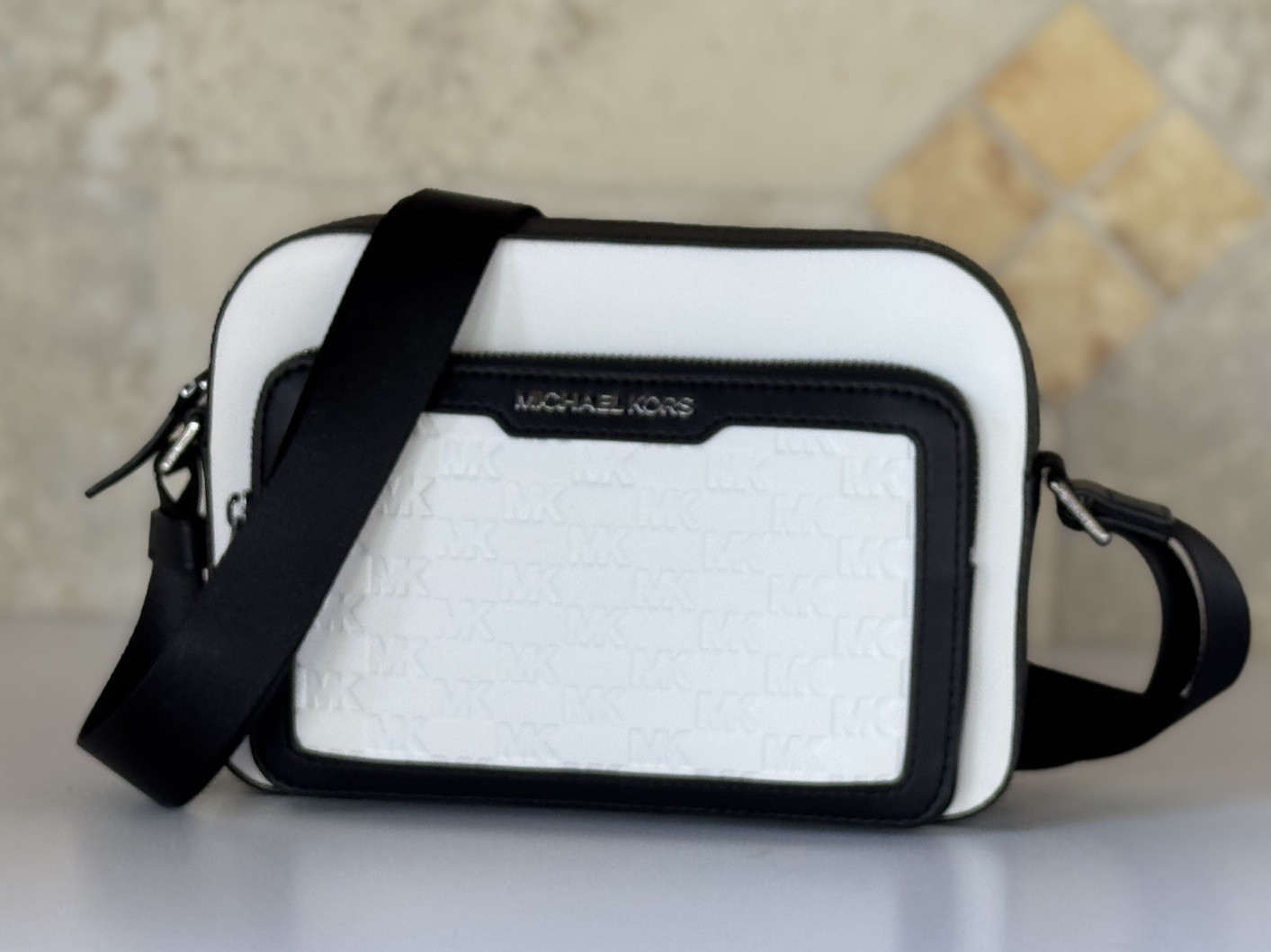 MICHAEL KORS COOPER EAST WEST CROSSBODY FLIGHT BAG MK EMBOSSED BRIGHT WHITE