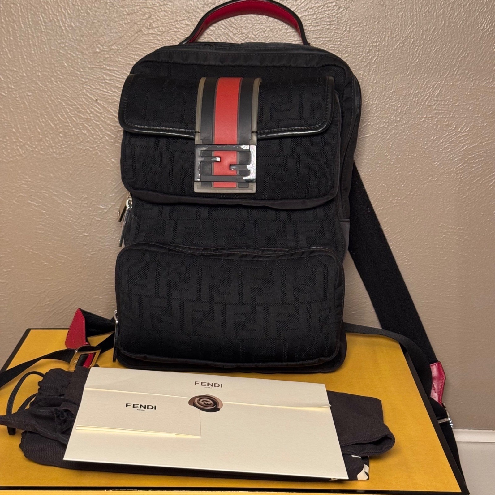 Fendi Black Zucca Monogram Knit Backpack Red Leather Trim 7VZ044 Made in Italy