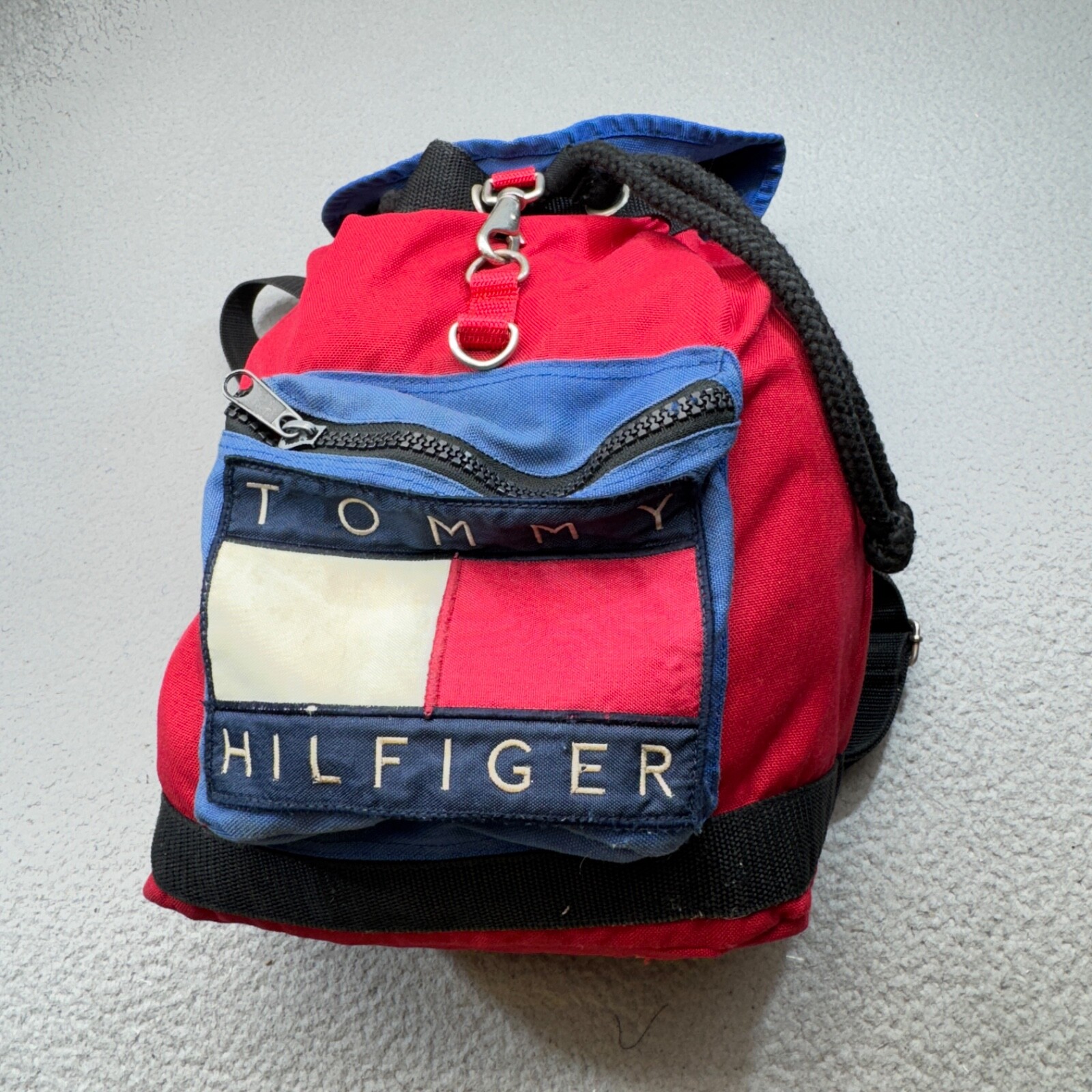 VINTAGE Tommy Hilfiger Backpack Red Blue 90s Alpine Olympics Patch Cinch Canvas