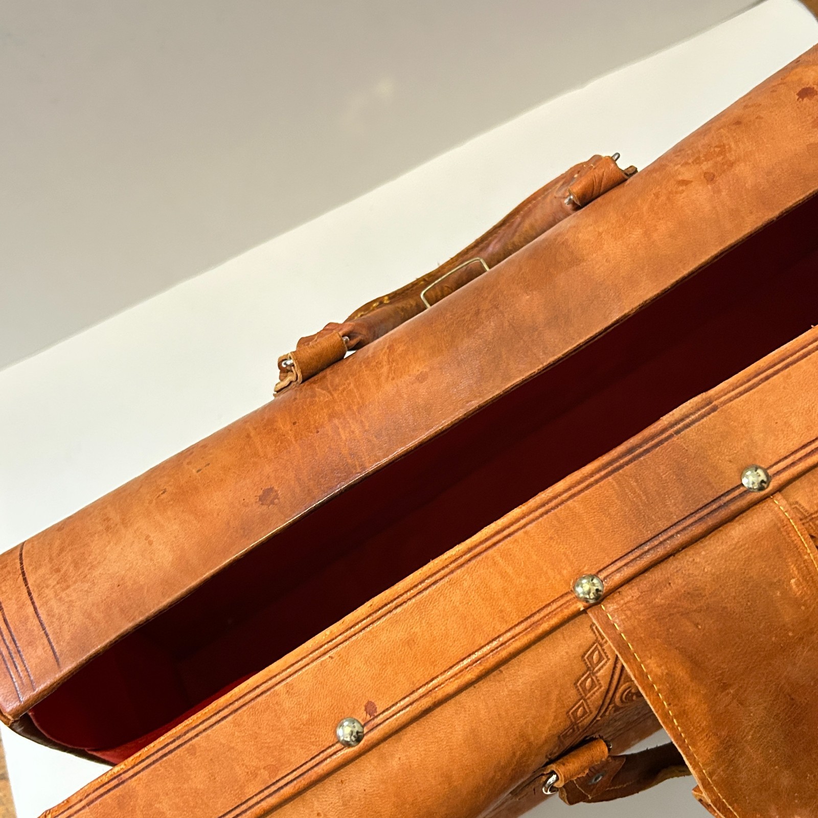 Vtg Egyptian Tooled Leather Suitcase Overnight Satchel Bag Handmade OOAK