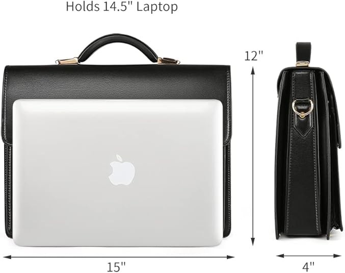 Men’s Leather Briefcase Laptop Messenger Bag, Business Lawyer Hard Case Black