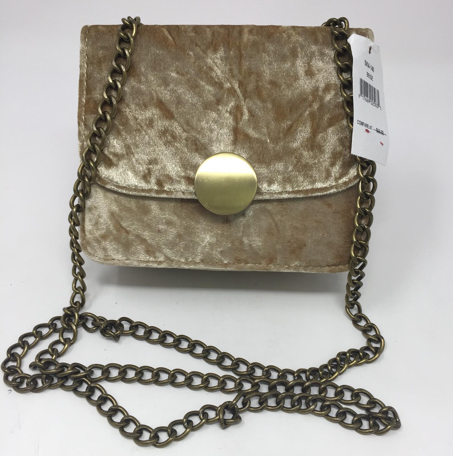 Evelyn K Beige Crushed Velvet Gold Tone Crossbody Women’s Handbag SKA140 SD