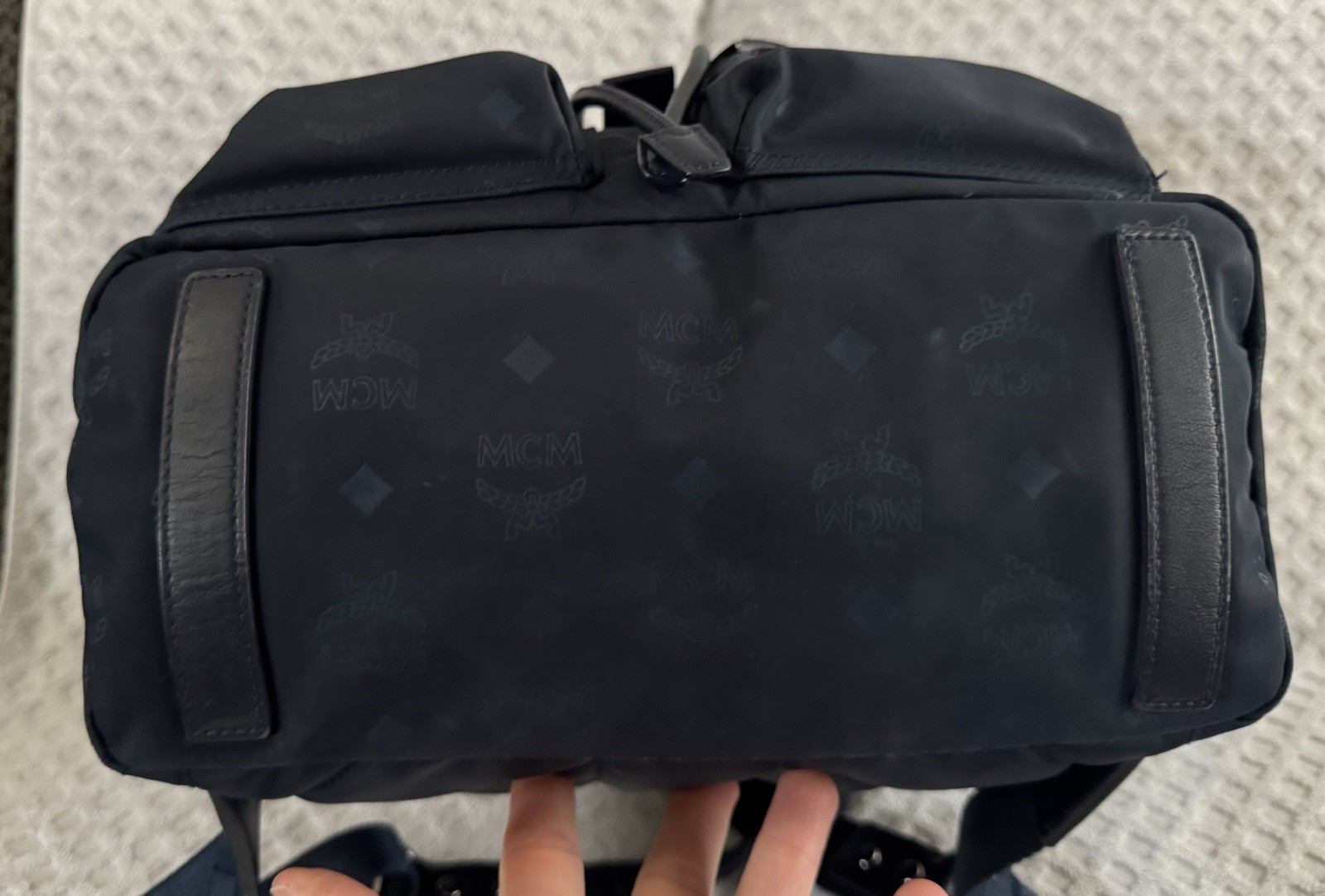 MCM Dieter Two Pocket Monogram Visetos Nylon Leather Flap Backpack Navy Blue Bag