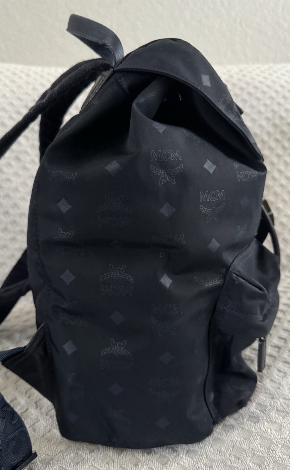 MCM Dieter Two Pocket Monogram Visetos Nylon Leather Flap Backpack Navy Blue Bag