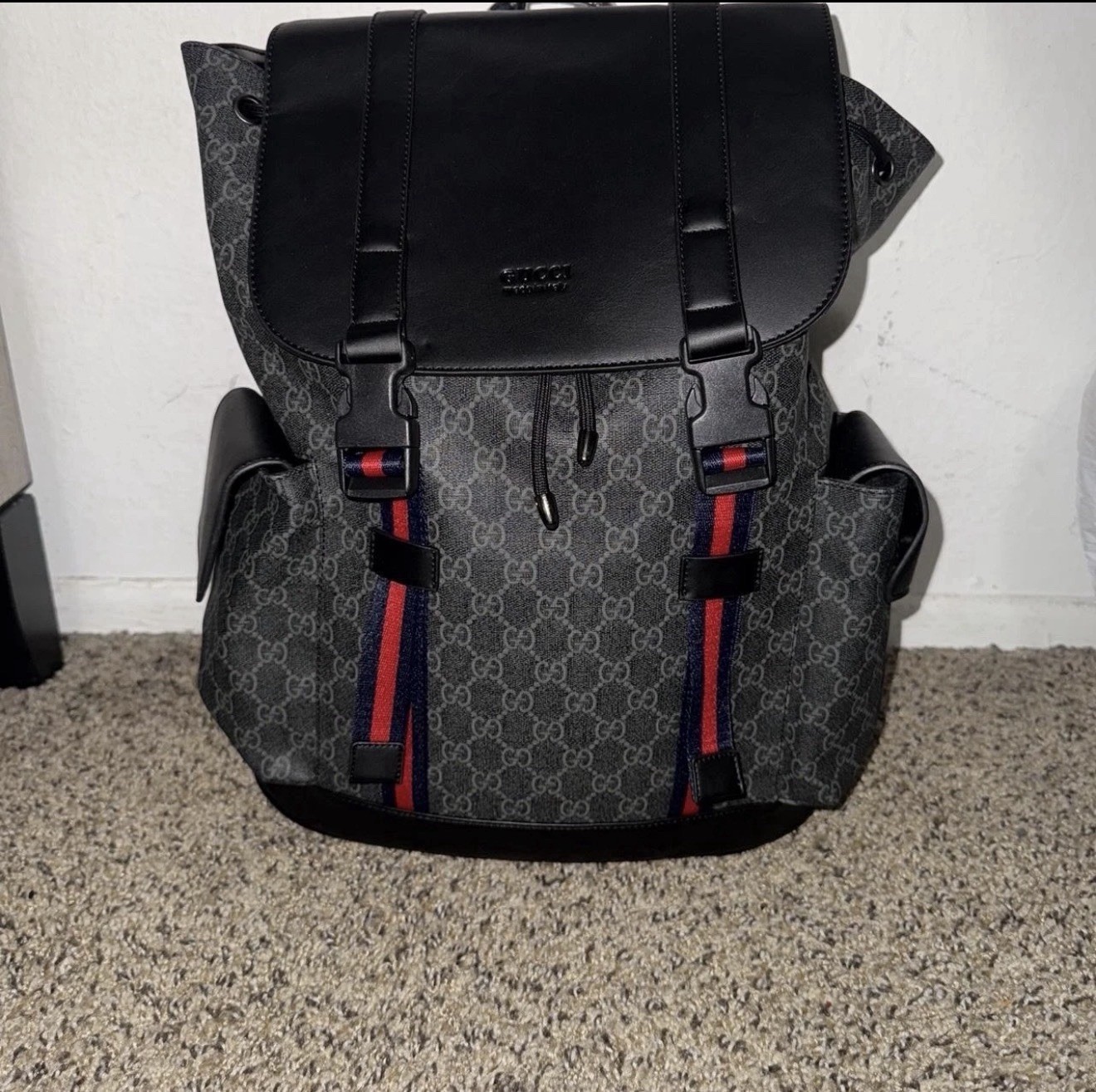 Gucci GG Pattern Backpack Gray/Black Red/Blue Web Stripe Drawstring Men’s