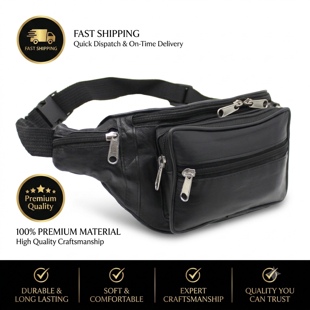 REAL LEATHER ZIPPED SECURE WAIST/ BUM BAG, TRAVEL/HOLIDAY MONEY DOCUMENT POUCH