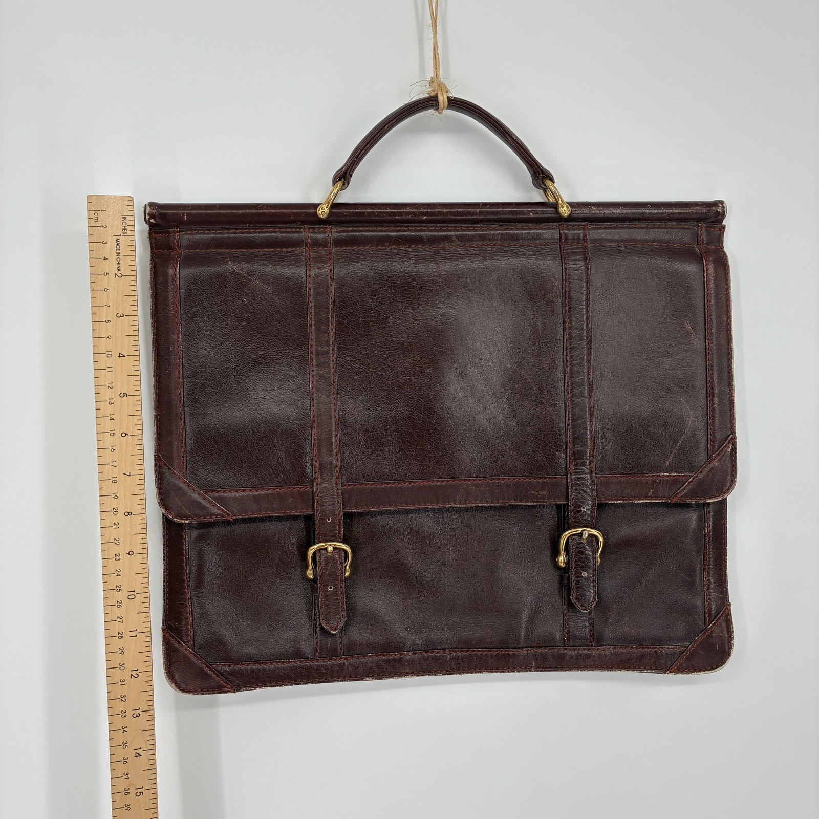 Vintage Dansk Leather Briefcase Brown Burgundy Oxblood Red Handle Gold Buckles