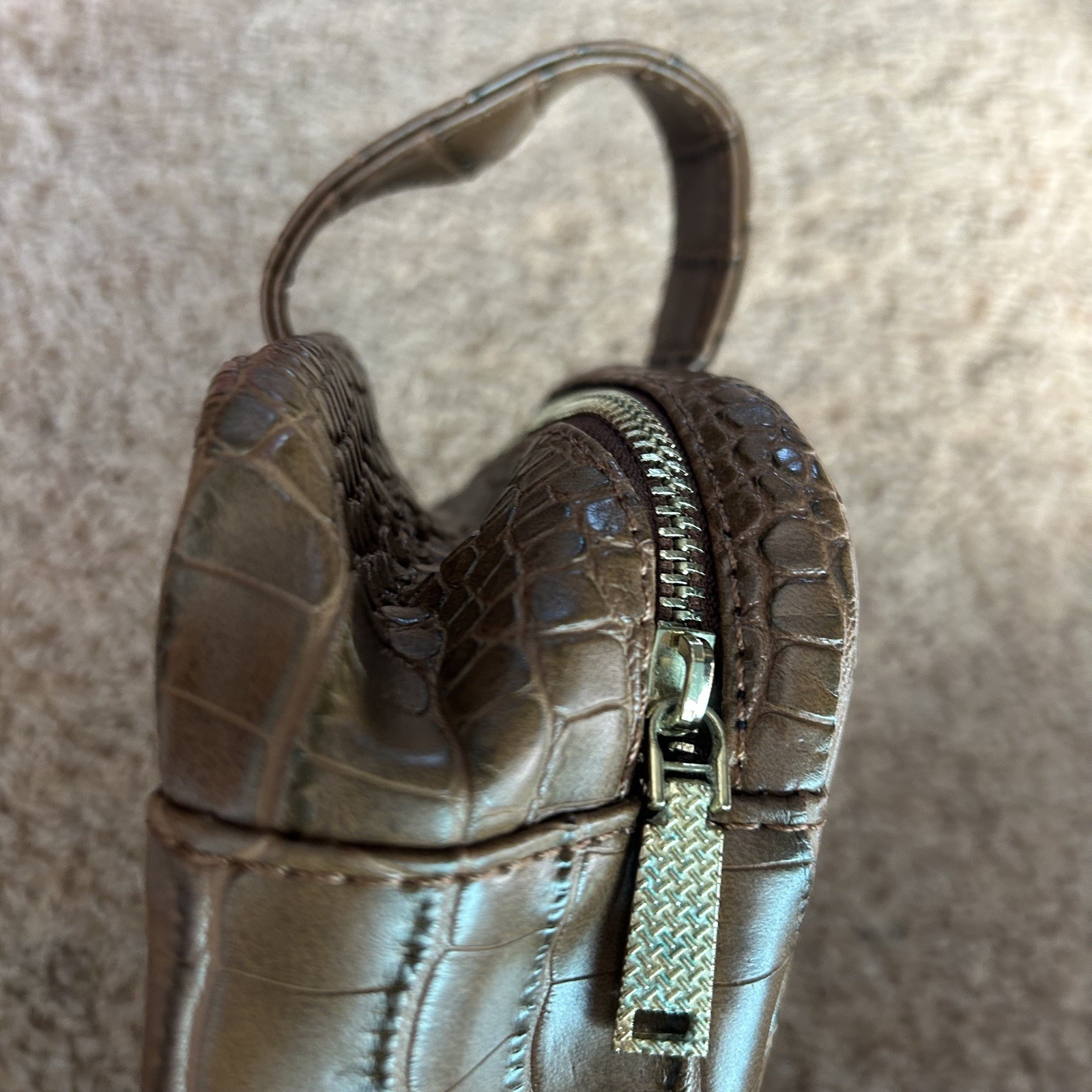 Vince Camuto Brown Crocodile Embossed Zip Around Toiletry Bag w Handle