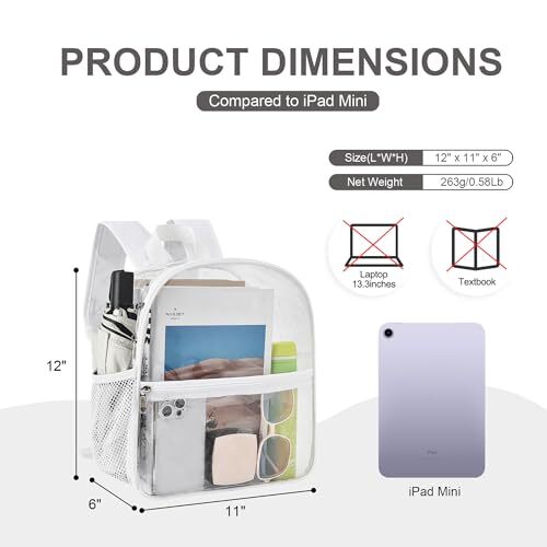 Clear Stadium Backpack 12x6x12 Mini Small Clear Bag Stadium Approved White