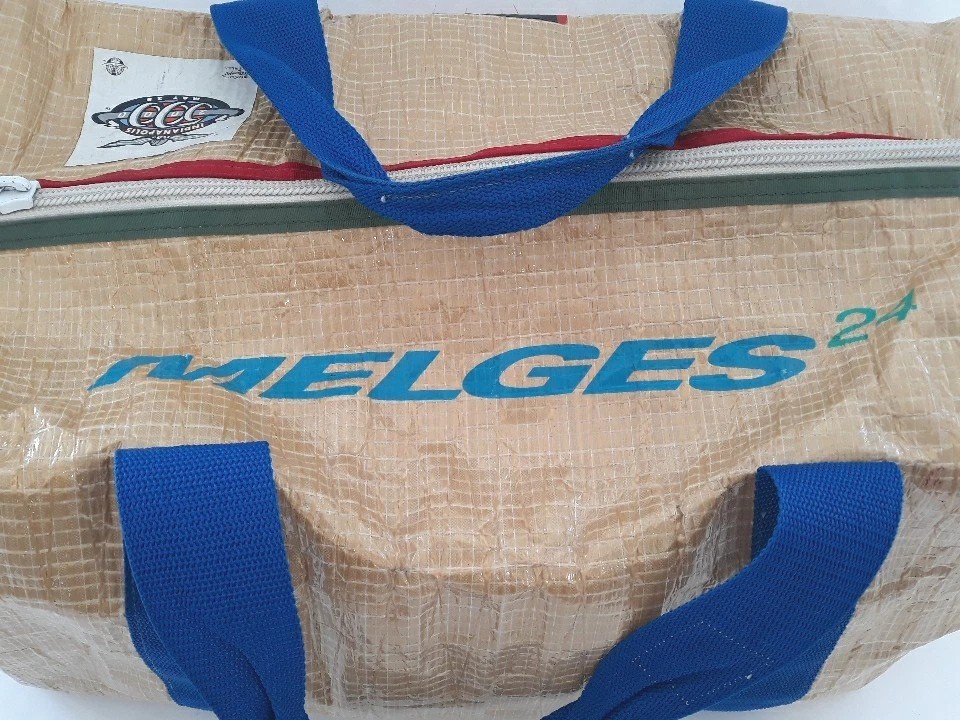 Melges Sailcloth Duffle Bag Side Pocket Vtg Car Racing Stickers Large 20x11x9”