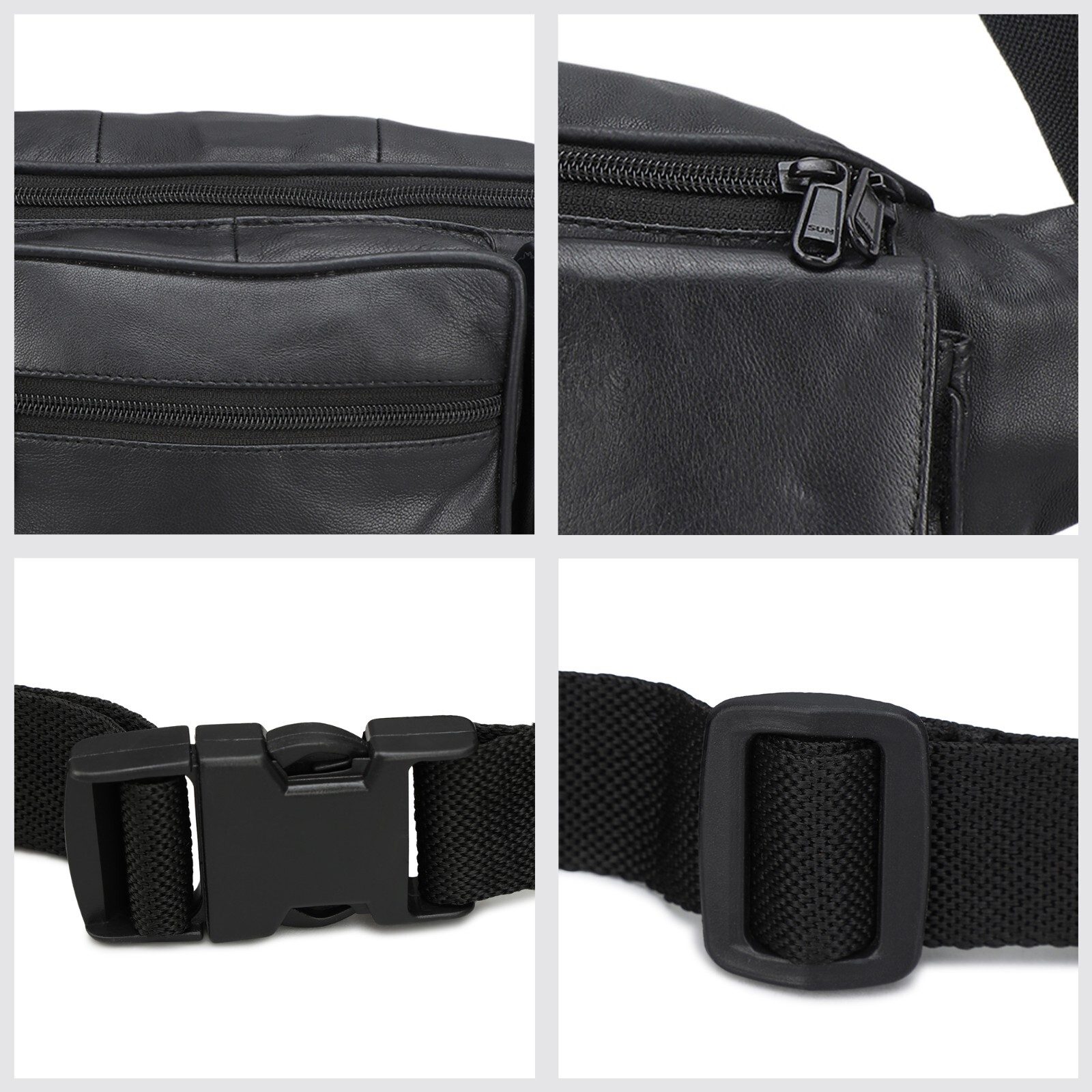 Large Black Solid Leather Waist Fanny Pack Belt Bag Travel Hip Purse