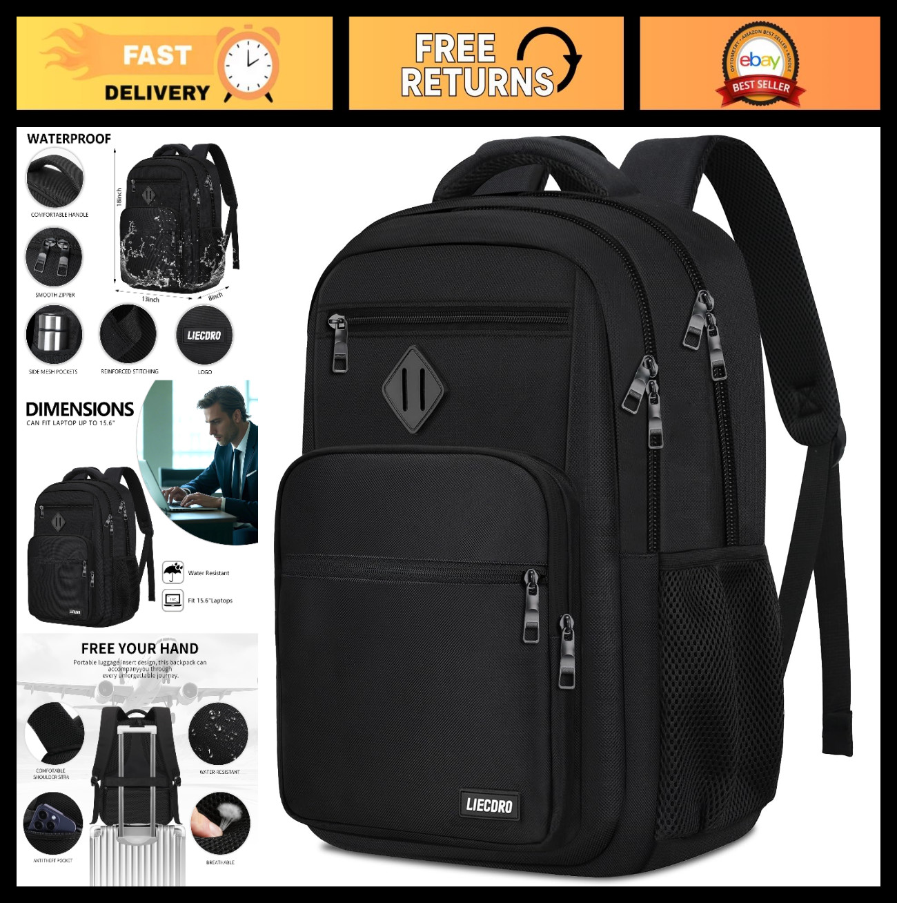 Stylish Black Backpack for Men & Teens, 15.6″ Laptop Bag, School & Travel Use