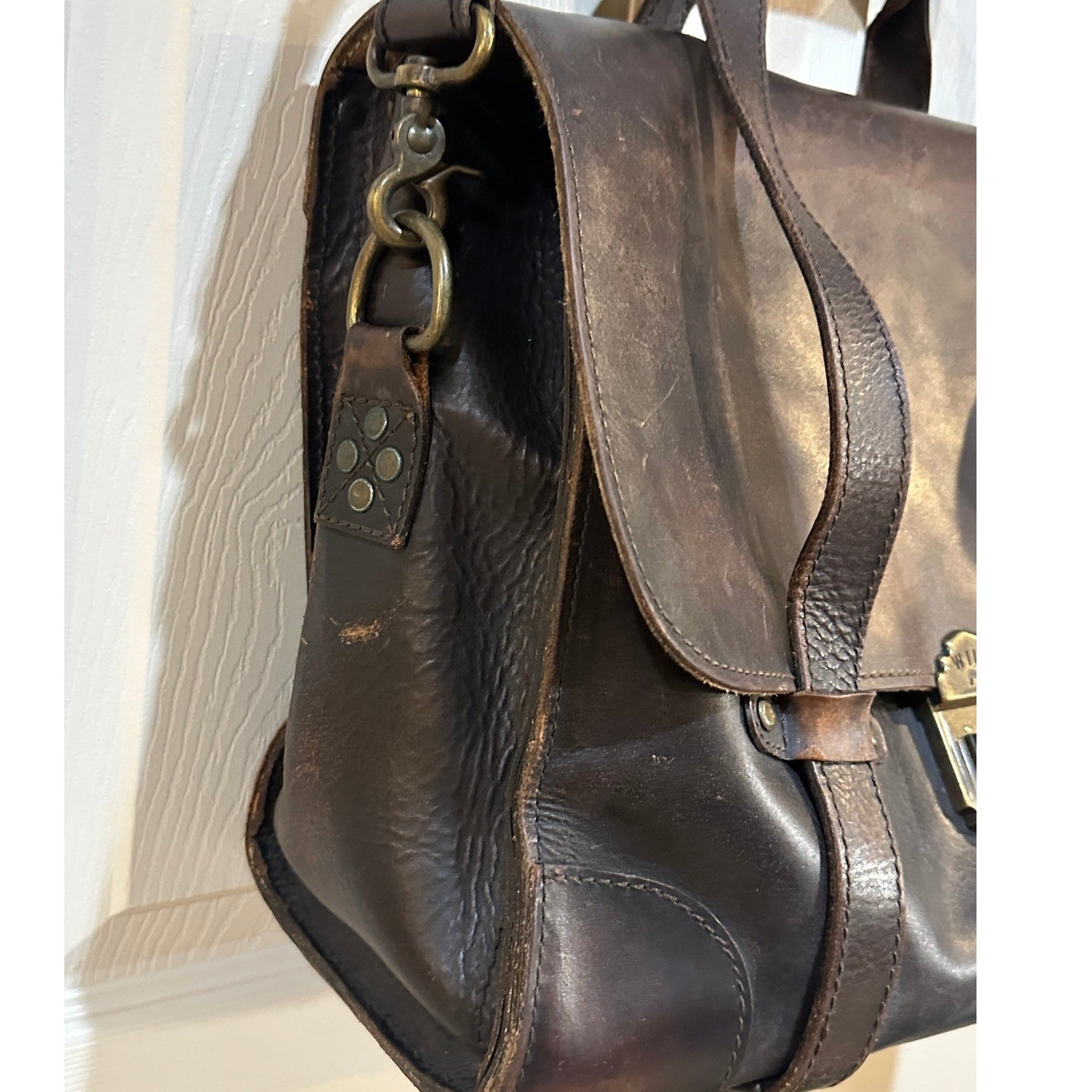 Will Leather Goods Brown Leather Messenger Bag Satchel Briefcase Brass Hardware