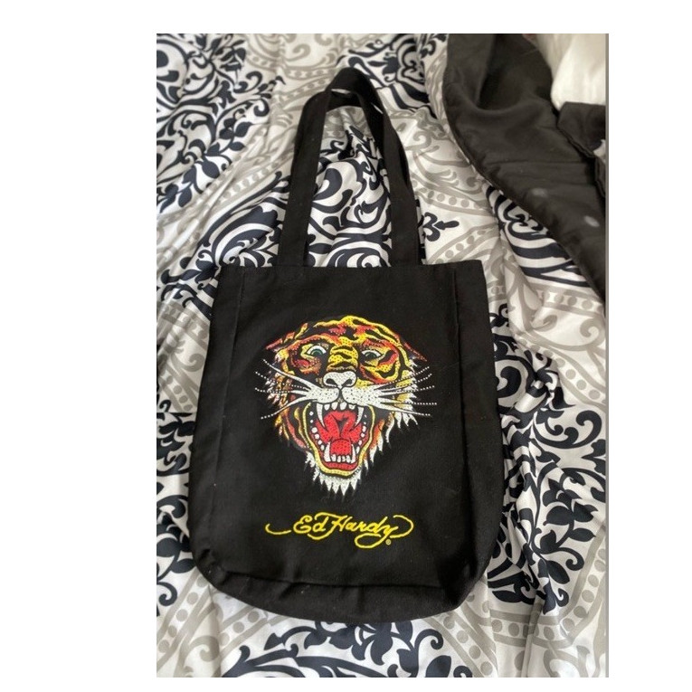 Ed Hardy Black Tiger Tote Bag Art Theme Shoulder Strap Inner Pockets