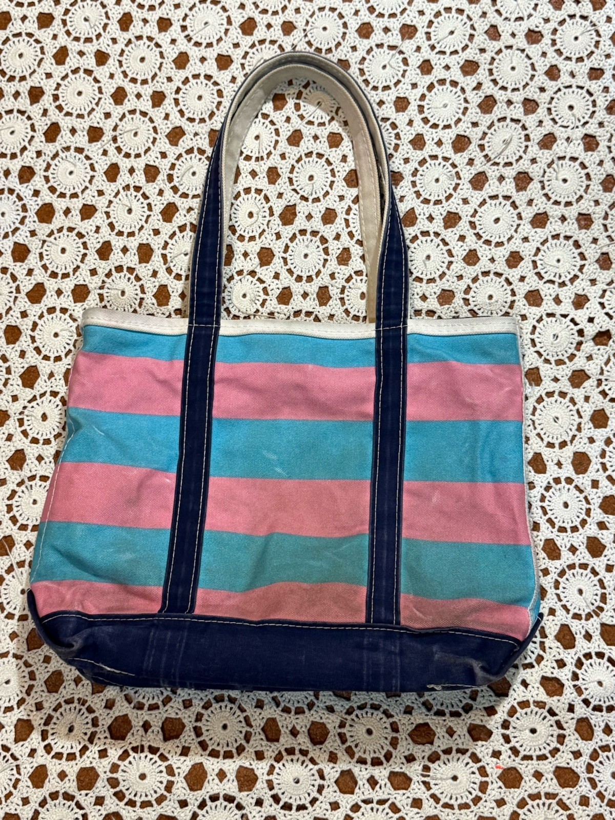 VTG 80s LL Bean Boat & Tote Bag USA Canvas Blue Pink Embroidered Gem Distressed