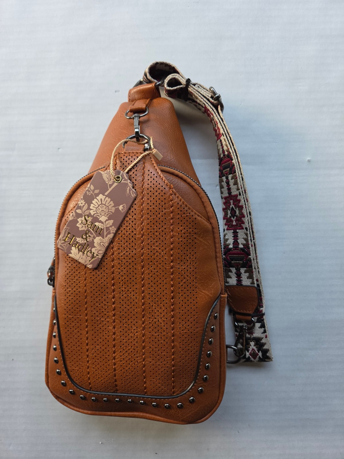 Sam & Hadley Western Cognac Color Crossbody Sling Bag with Studded Accent