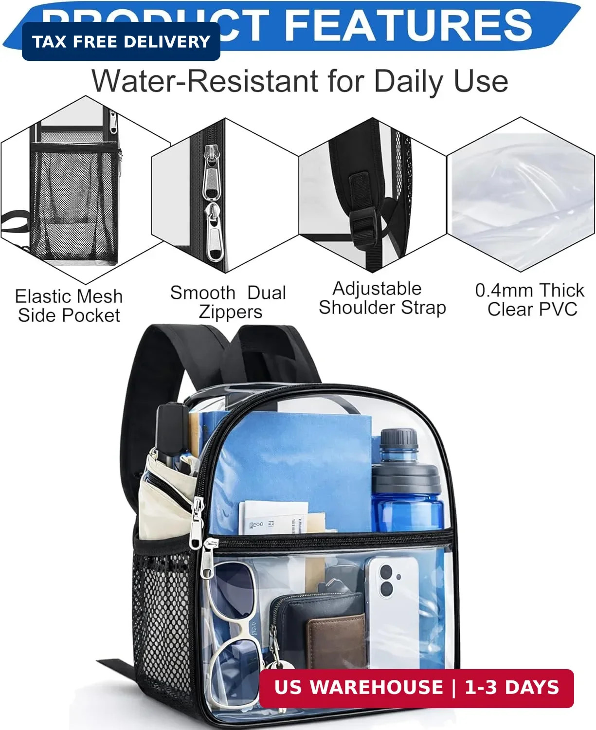 Oraben Clear Backpack Stadium Approved, Clear Bag 12 x 6 x 11 in, Small Transpar