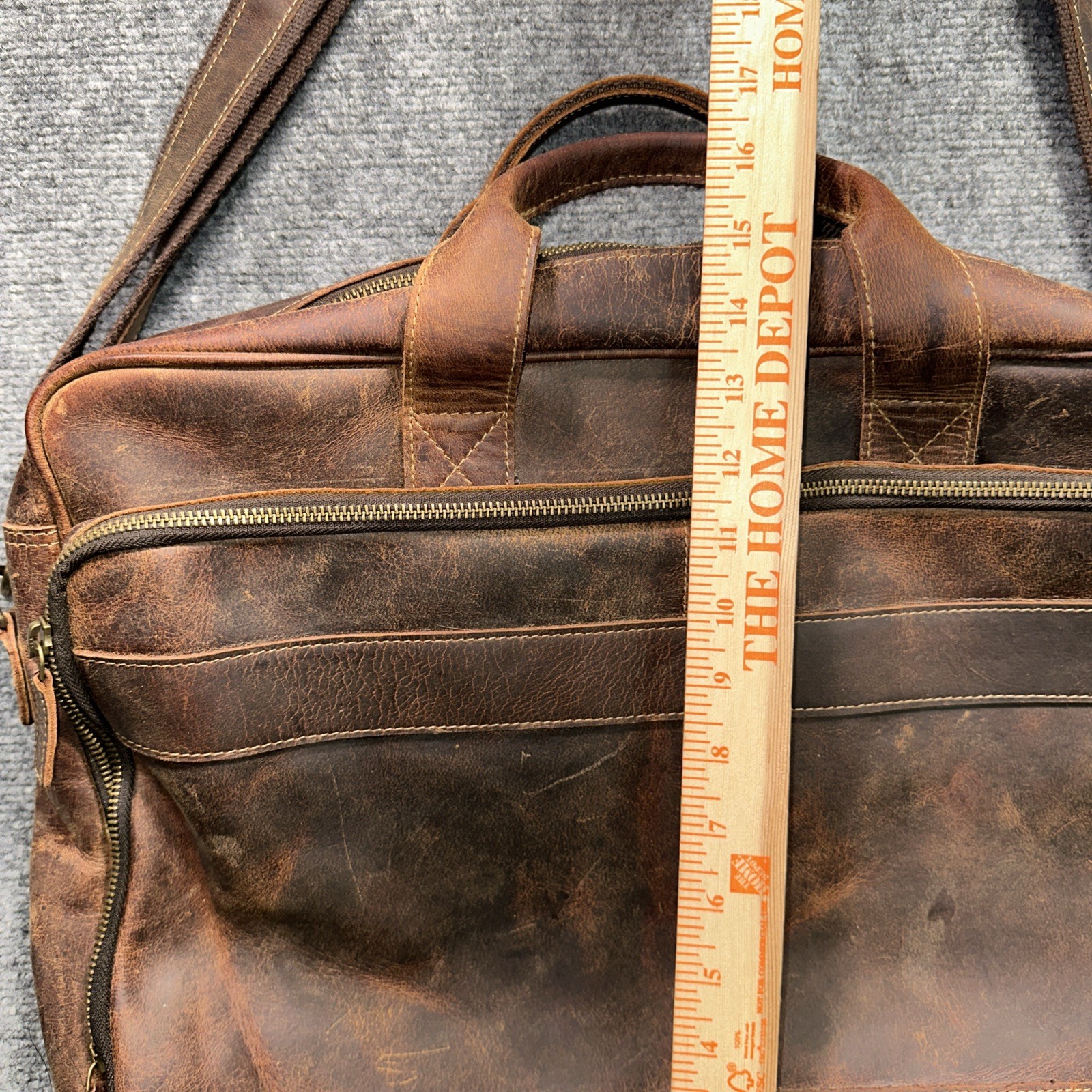 KomalC Full Grain Leather Messenger Laptop Bag 18” Brown Distressed Briefcase