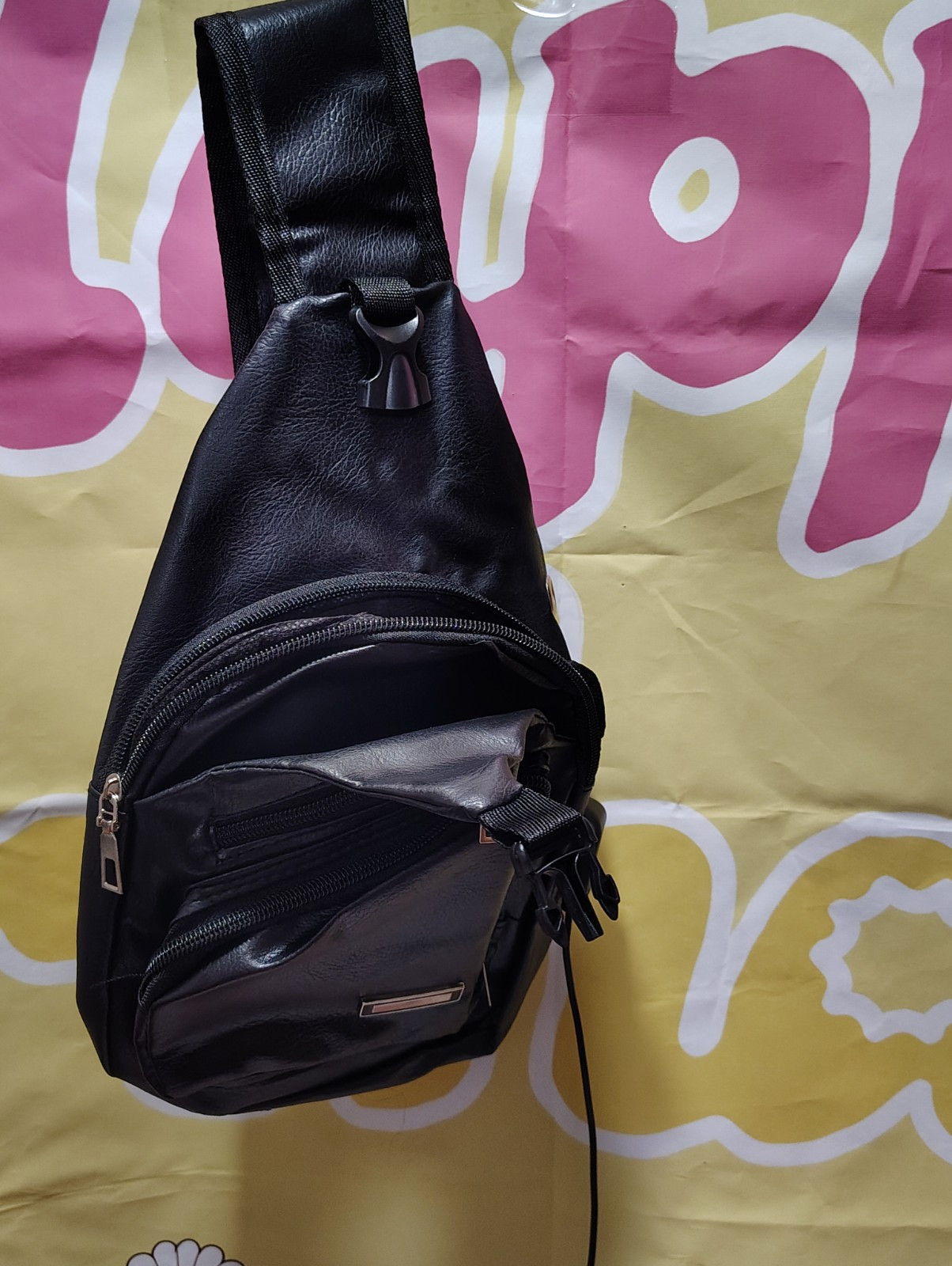Black Faux Leather Haodier Adjustable Strap USB Port Sling Backpack