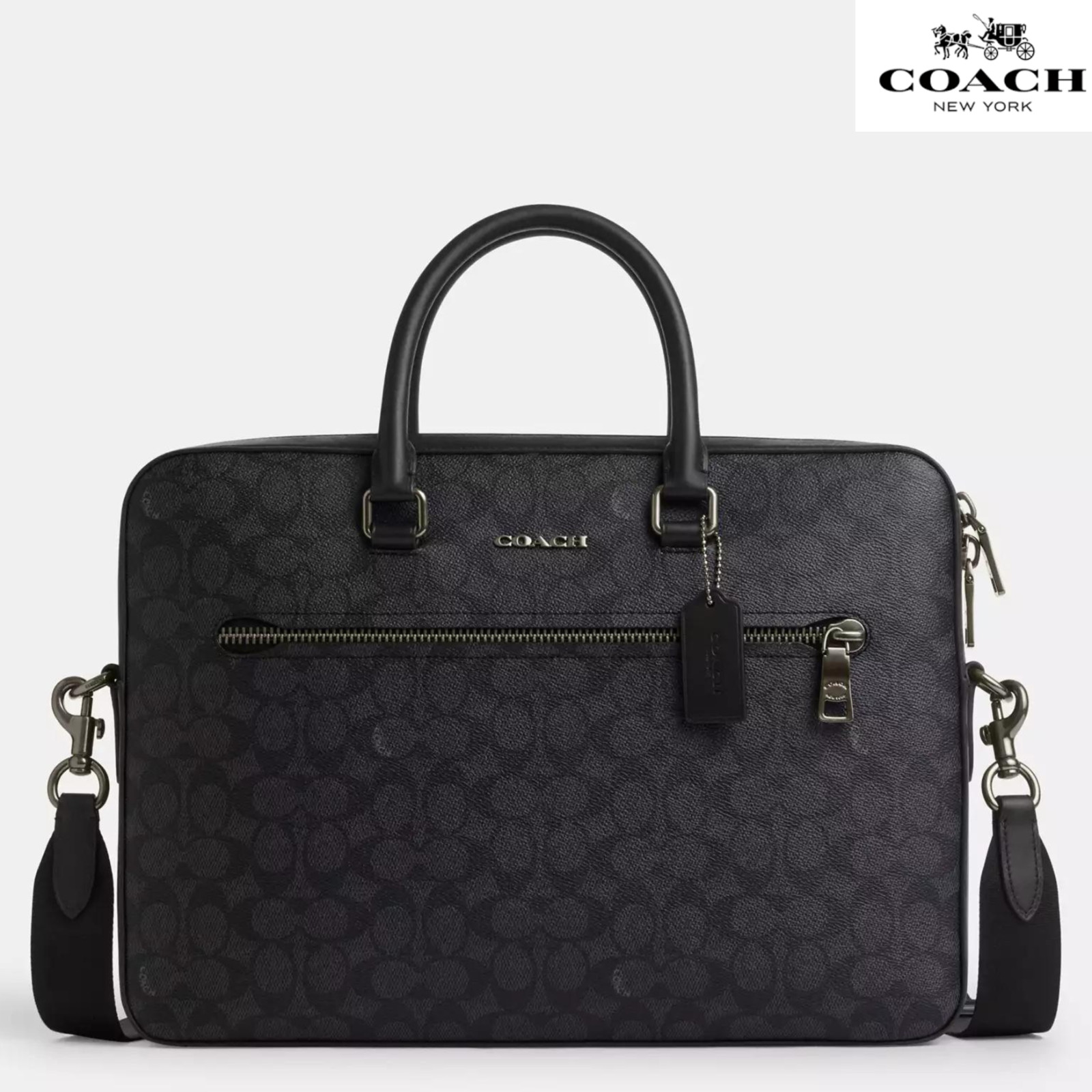 Coach Ethan Slim Brief In Signature Canvas for laptop Gunmetal Charcoal Black
