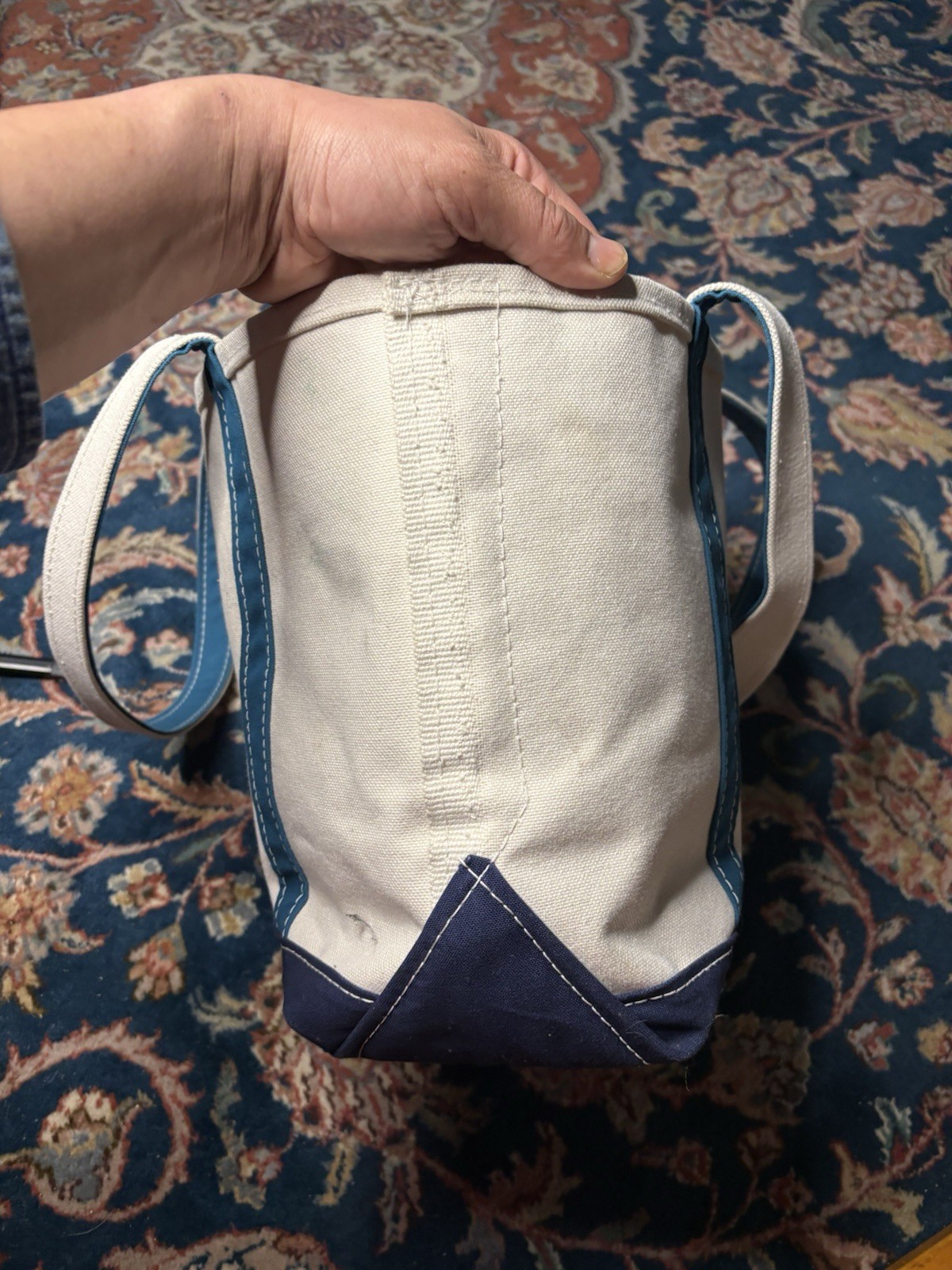 LL Bean Boat & Tote Bag Medium Royal Blue Turquoise Long Handle EUC Purse