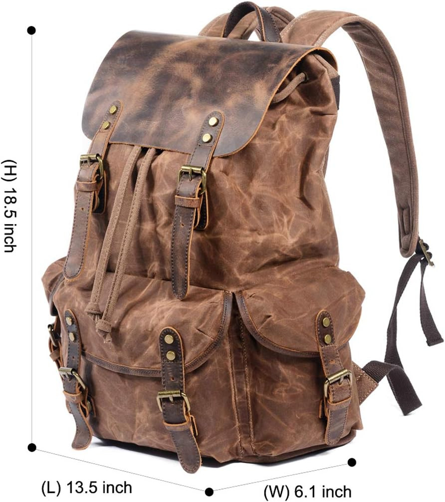 Leather Backpack for Men, Waxed Canvas Shoulder Rucksack Carry-On Travel Backpac